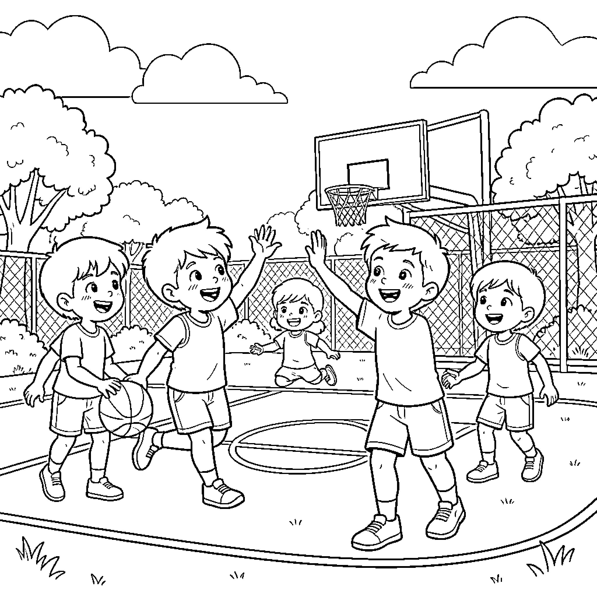Children playing basketball on the court Coloring Page (free black-and-white line drawing printable PDF for all, from beginners to advanced learners, including children, teens, adults, and seniors)