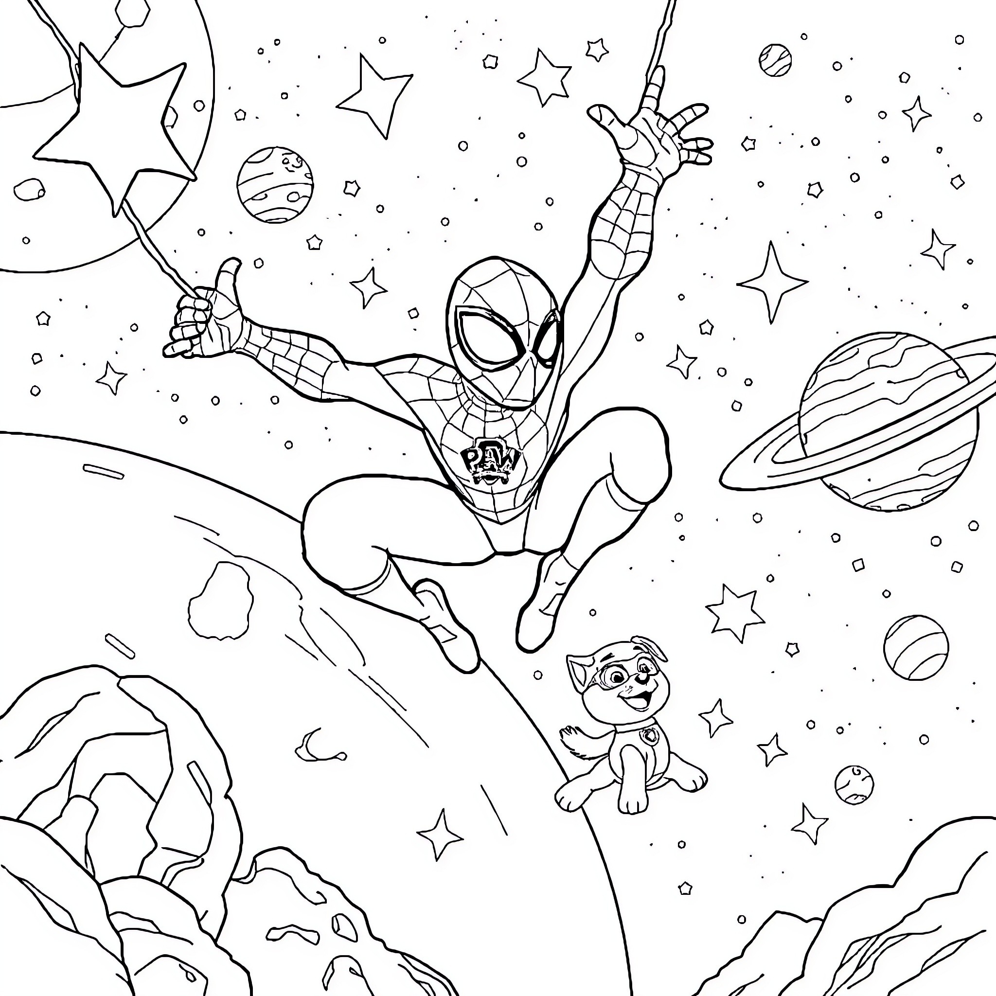 Spiderman exploring the cosmic universe with a companion Coloring Page (free black-and-white line drawing printable PDF for all, from beginners to advanced learners, including children, teens, adults, and seniors)
