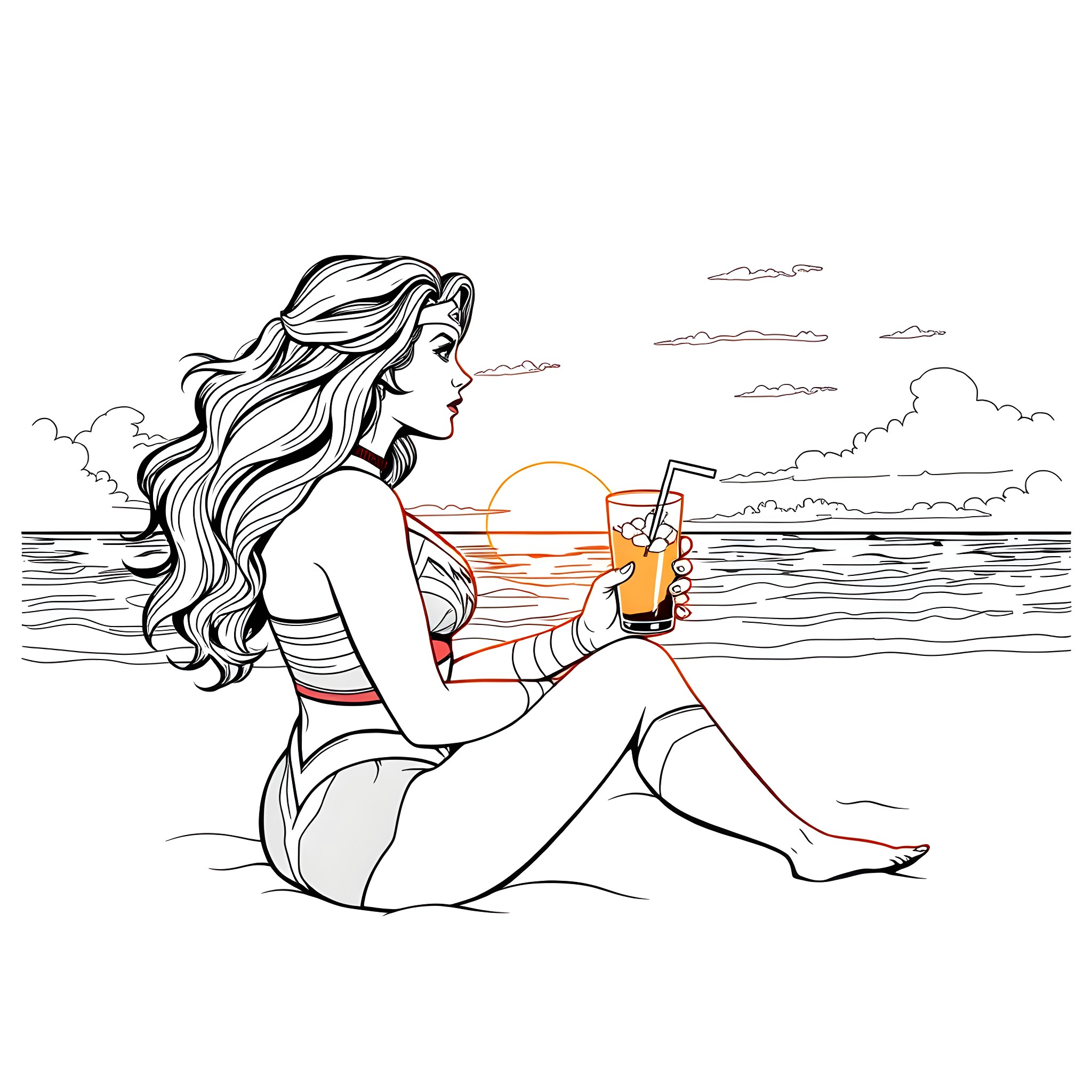 Wonder Woman enjoying a peaceful sunset by the beach Coloring Page (free black-and-white line drawing printable PDF for all, from beginners to advanced learners, including children, teens, adults, and seniors)
