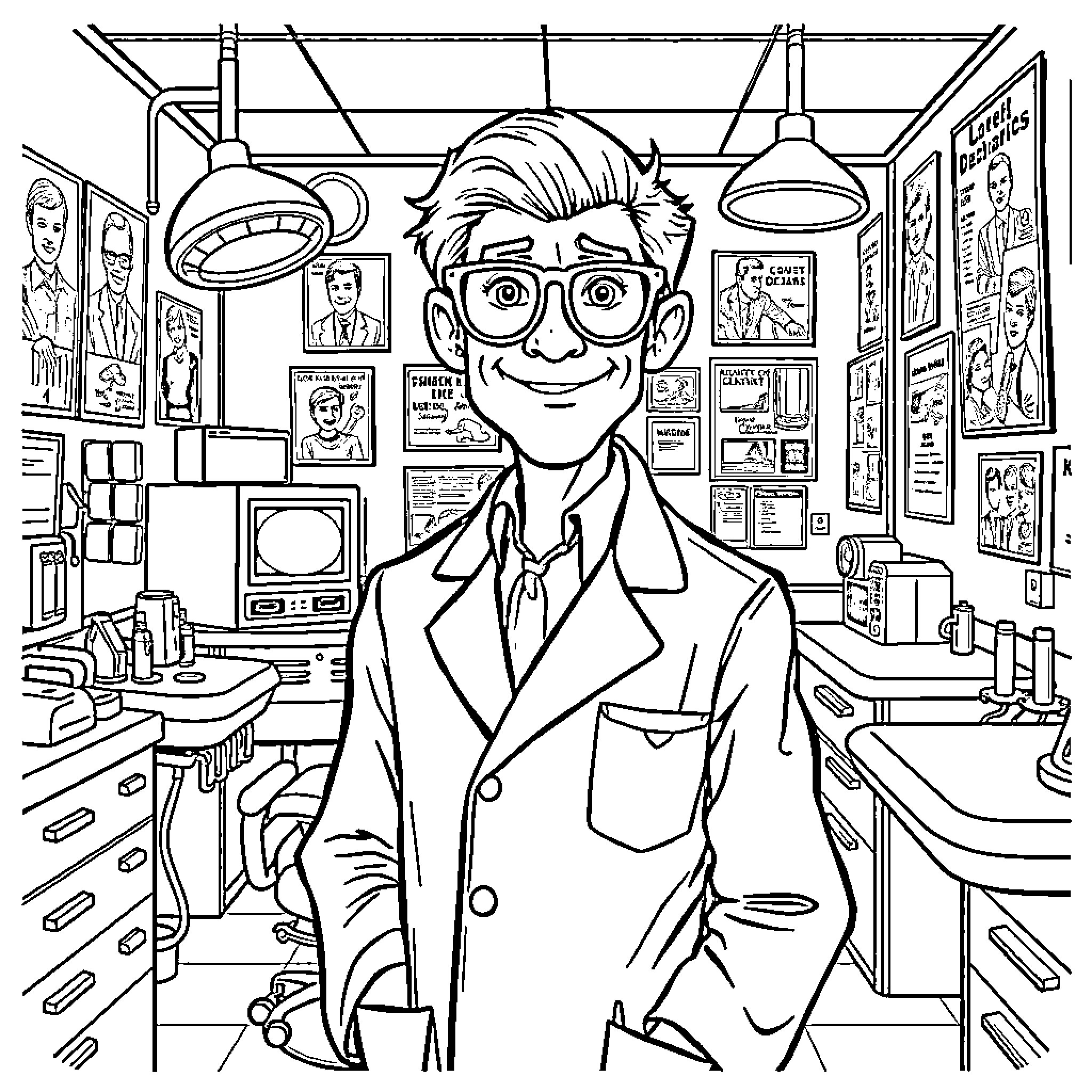 Dentist examining patients with medical equipment in his office Coloring Page (free black-and-white line drawing printable PDF for all, from beginners to advanced learners, including children, teens, adults, and seniors)