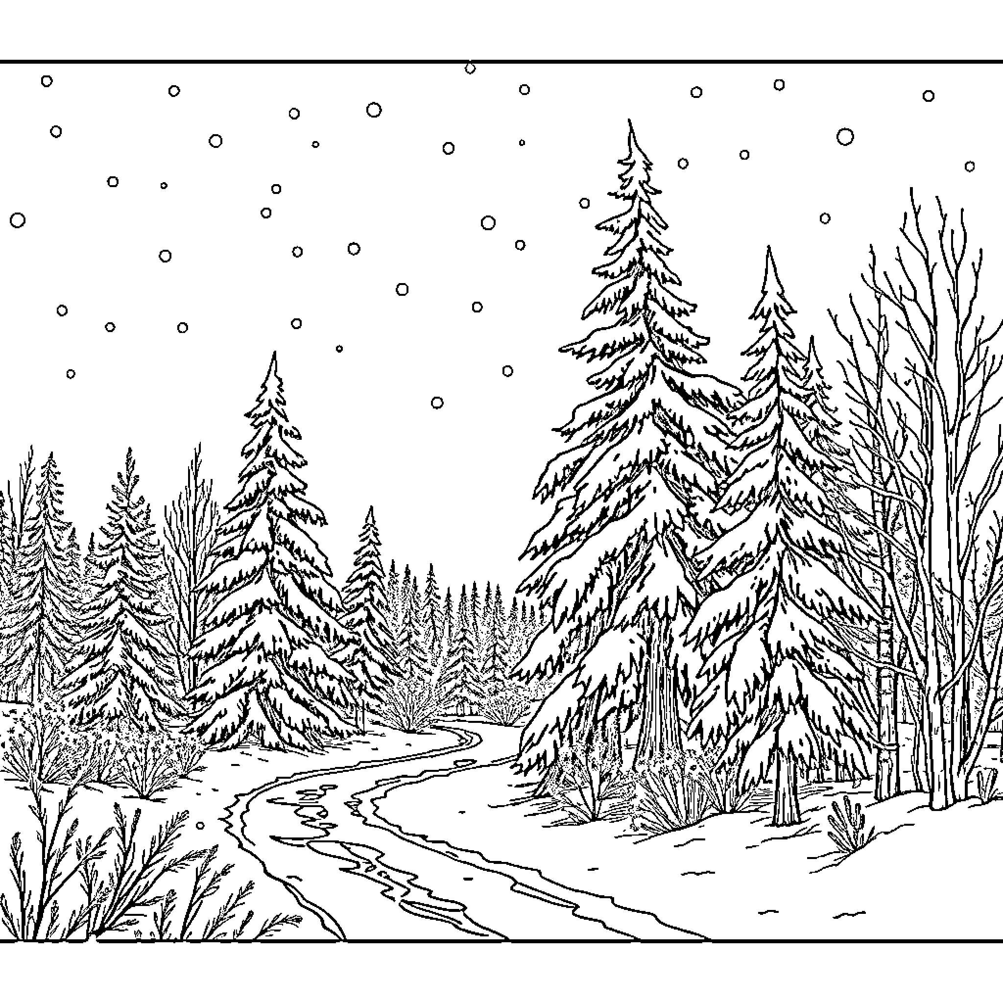 Winter Wonderland of Snowy Trees and Winding Path Coloring Page (free black-and-white line drawing printable PDF for all, from beginners to advanced learners, including children, teens, adults, and seniors)