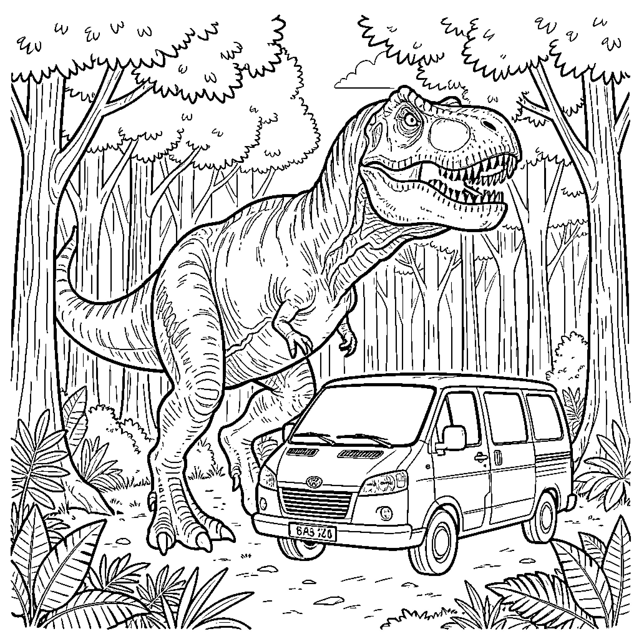 T-Rex roaring next to a van in the jungle Coloring Page (free black-and-white line drawing printable PDF for all, from beginners to advanced learners, including children, teens, adults, and seniors)