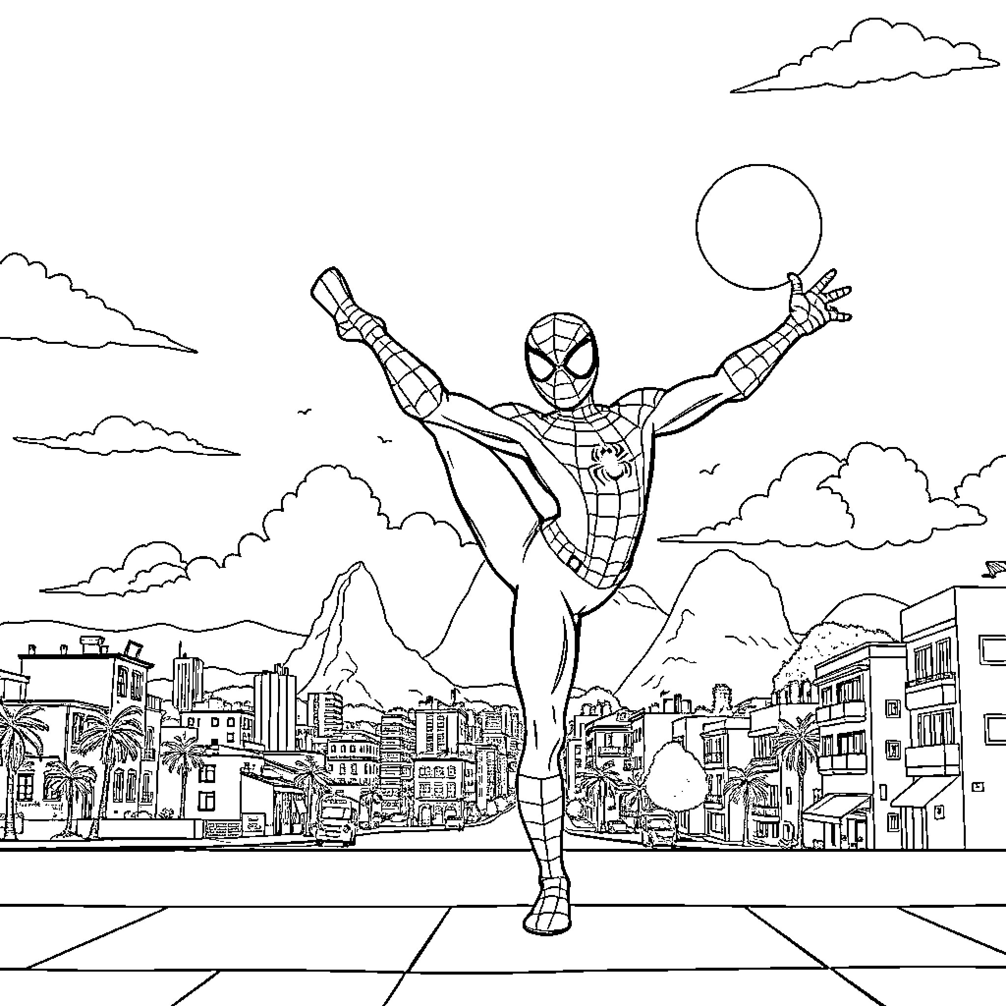 Spiderman swinging through the city skyline Coloring Page (free black-and-white line drawing printable PDF for all, from beginners to advanced learners, including children, teens, adults, and seniors)