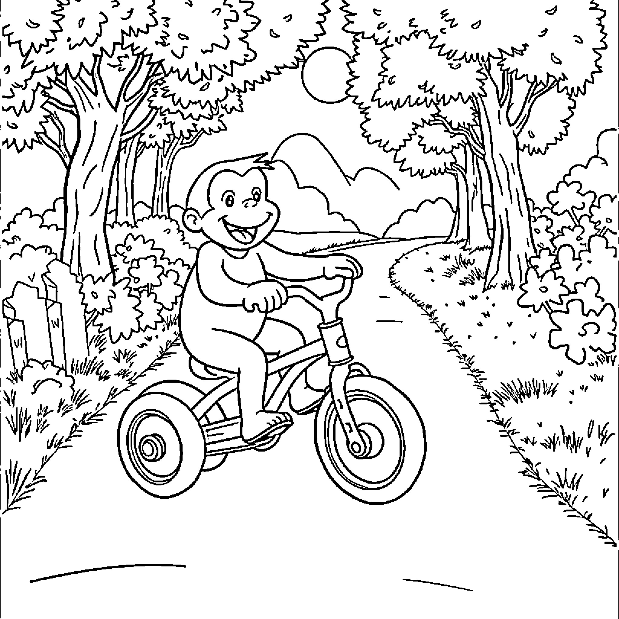 Curious George Enjoys a Bike Ride in the Moonlit Forest Coloring Page (free black-and-white line drawing printable PDF for all, from beginners to advanced learners, including children, teens, adults, and seniors)