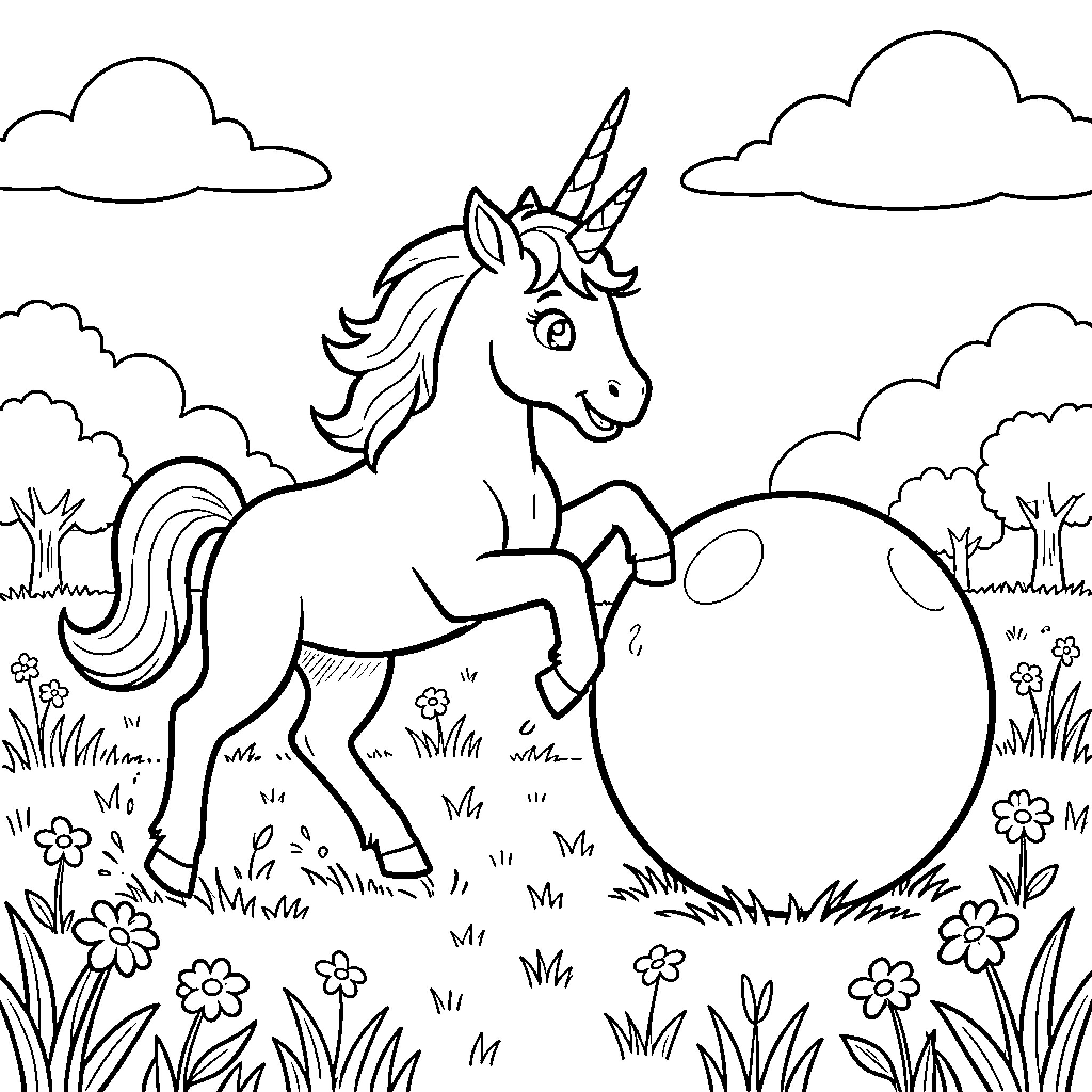 Unicorn playing with a large ball in a meadow Coloring Page (free black-and-white line drawing printable PDF for all, from beginners to advanced learners, including children, teens, adults, and seniors)