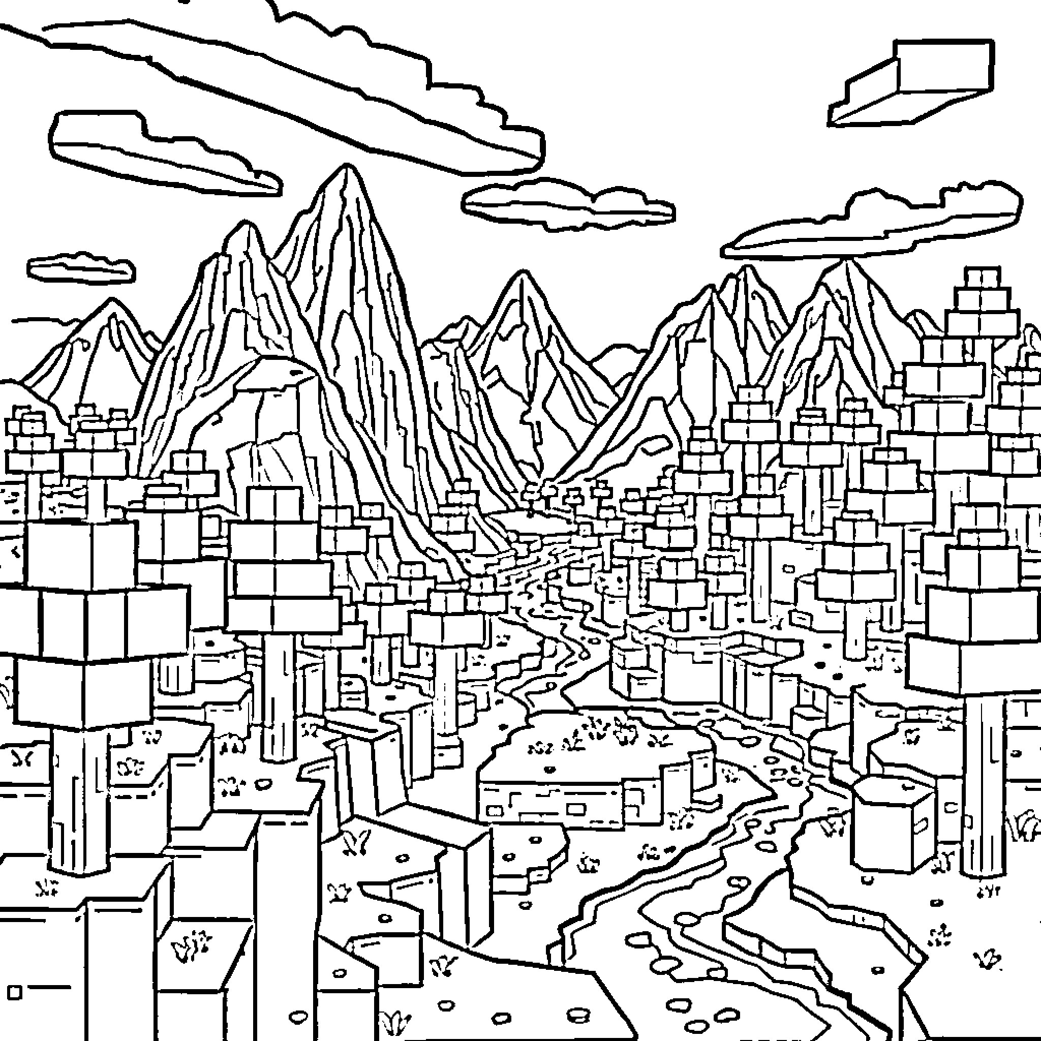 Minecraft Landscape with Mountains and Buildings Coloring Page (free black-and-white line drawing printable PDF for all, from beginners to advanced learners, including children, teens, adults, and seniors)
