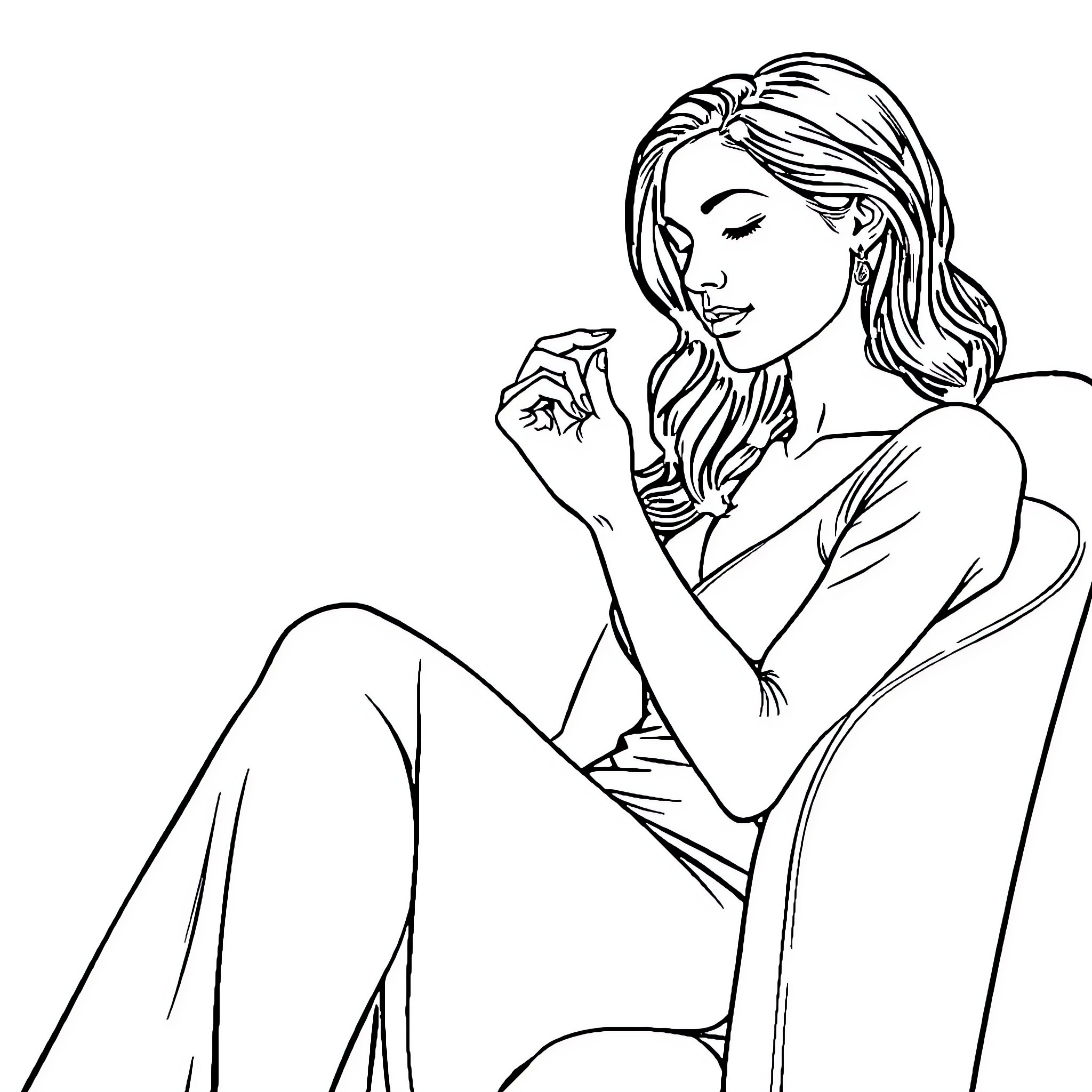 Woman in thoughtful contemplation Coloring Page (free black-and-white line drawing printable PDF for all, from beginners to advanced learners, including children, teens, adults, and seniors)