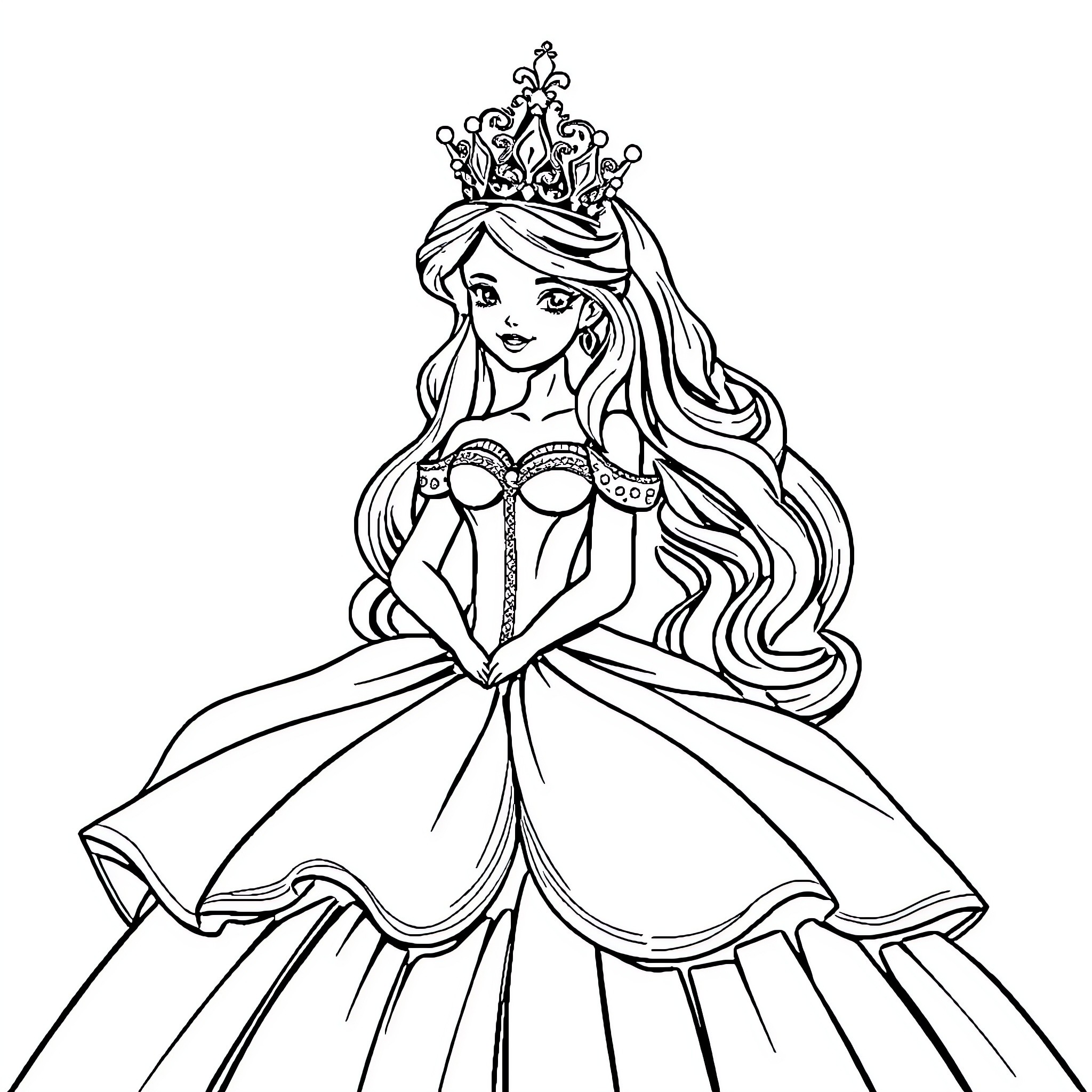 Princess in elegant gown and tiara Coloring Page (free black-and-white line drawing printable PDF for all, from beginners to advanced learners, including children, teens, adults, and seniors)