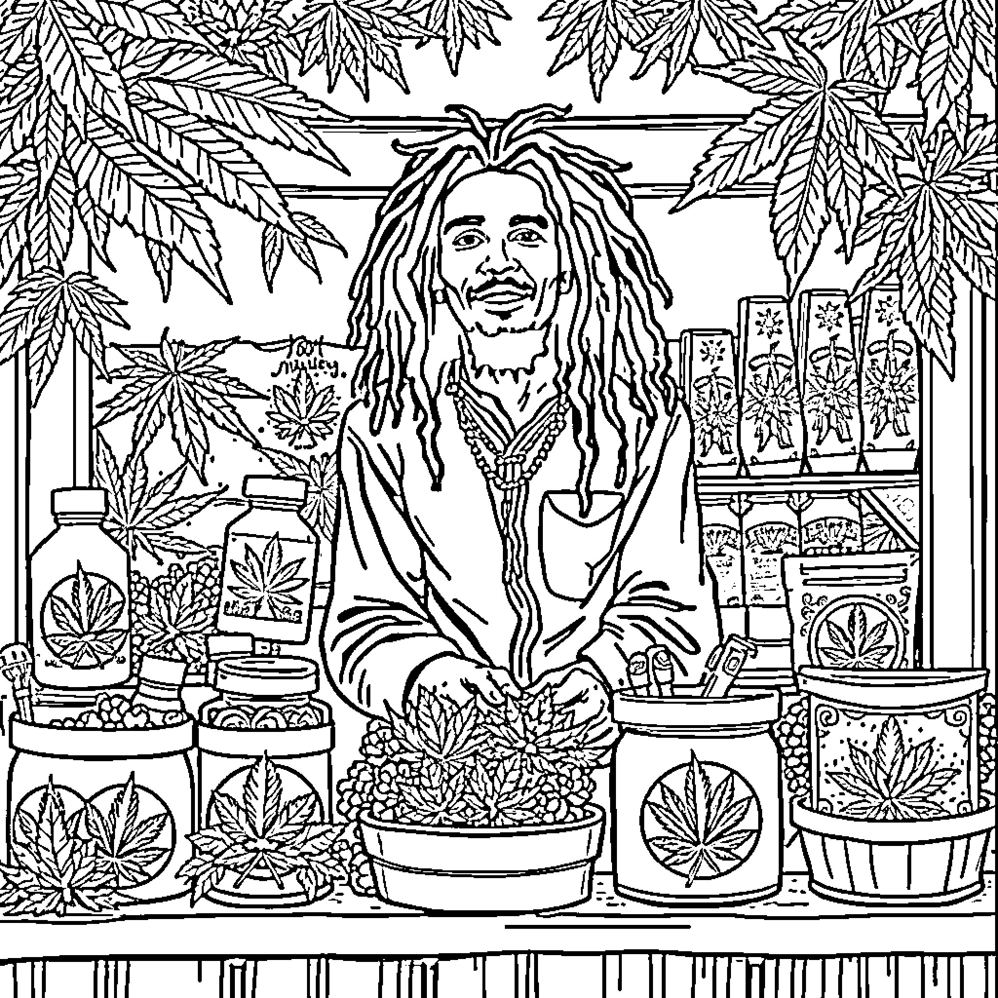 Bob Marley Relaxing in a Marijuana Dispensary Coloring Page (free black-and-white line drawing printable PDF for all, from beginners to advanced learners, including children, teens, adults, and seniors)