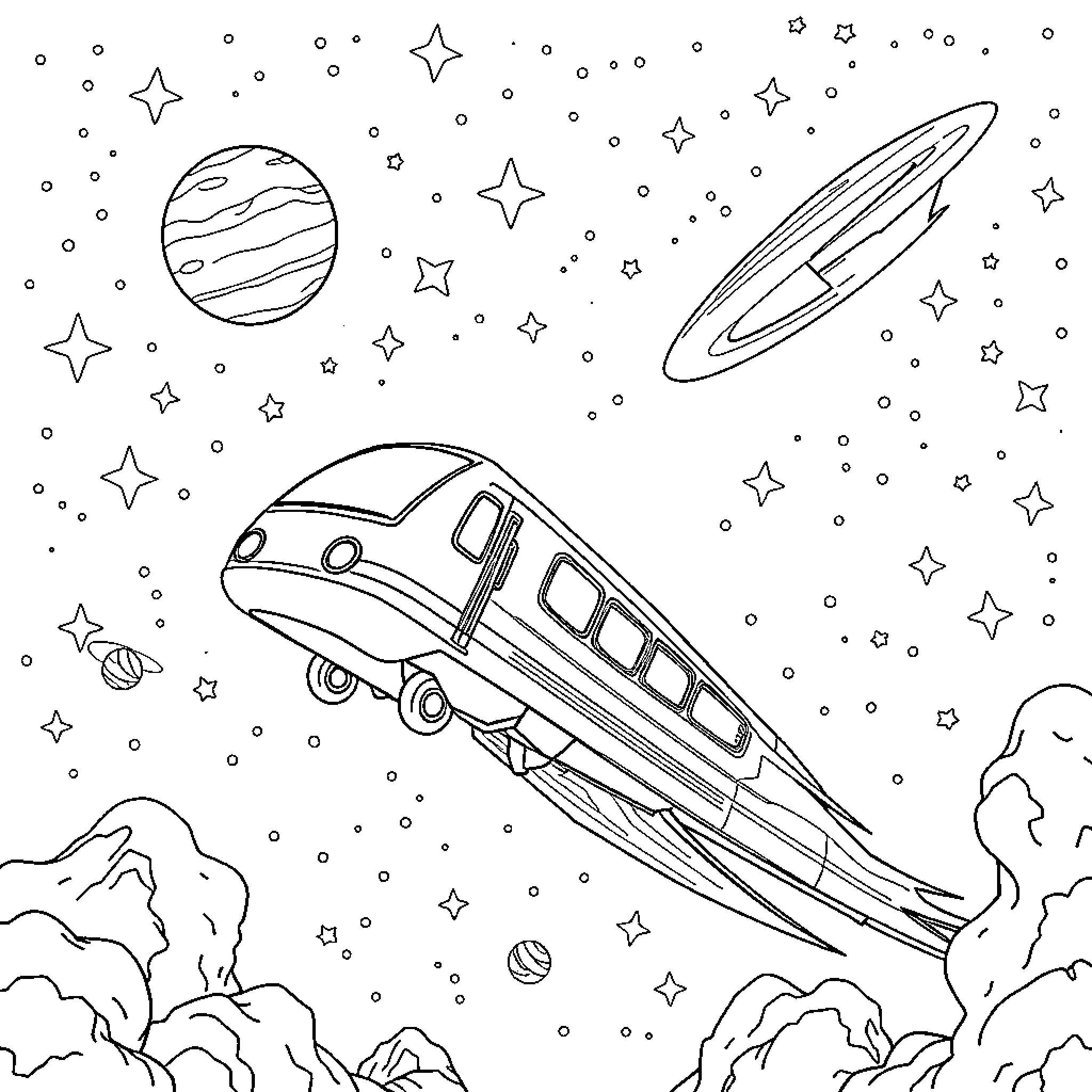 Space Train traveling through the galaxy Coloring Page (free black-and-white line drawing printable PDF for all, from beginners to advanced learners, including children, teens, adults, and seniors)