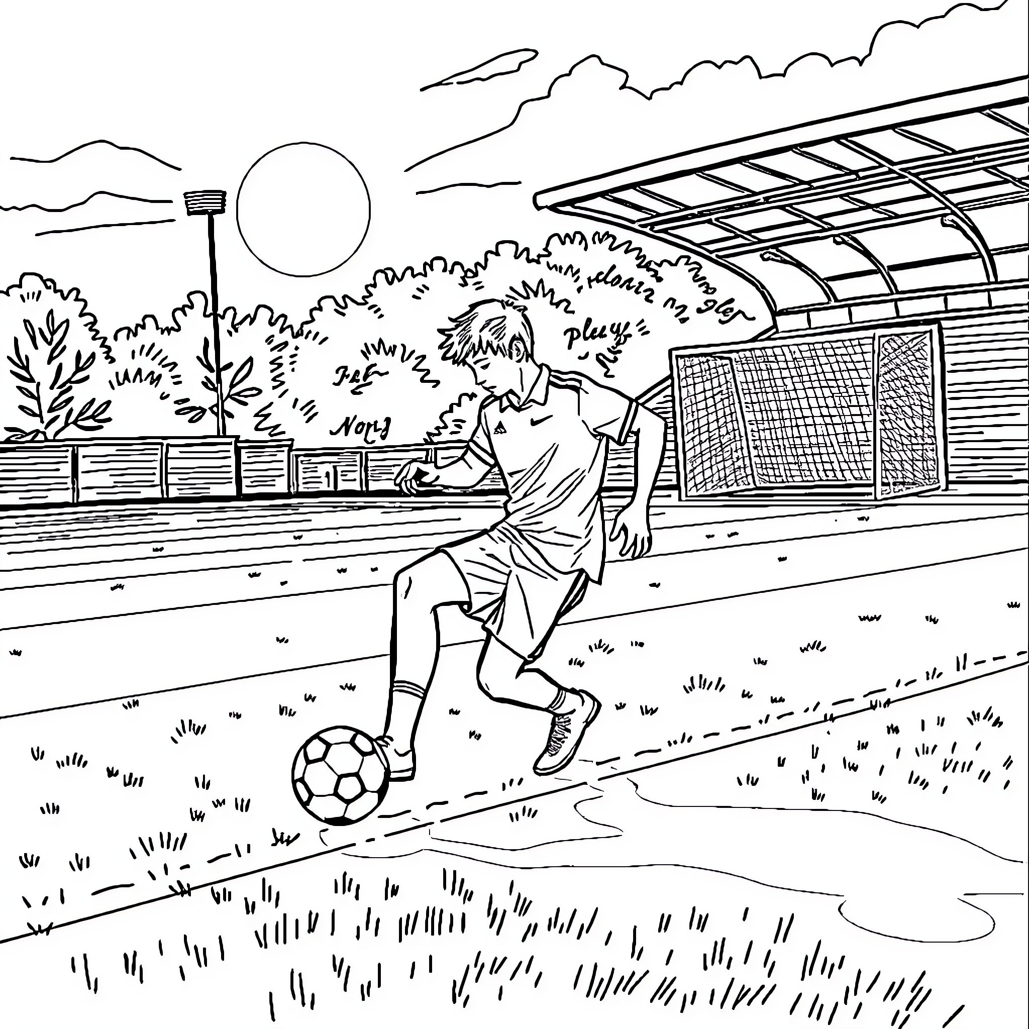 Shadow of a person playing soccer on a field Coloring Page (free black-and-white line drawing printable PDF for all, from beginners to advanced learners, including children, teens, adults, and seniors)