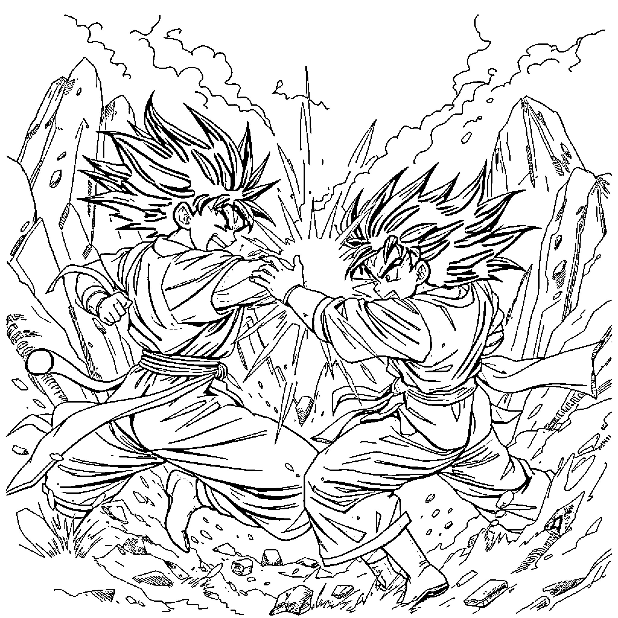 Warrior heroes clashing in epic battle amid rugged landscape Coloring Page (free black-and-white line drawing printable PDF for all, from beginners to advanced learners, including children, teens, adults, and seniors)