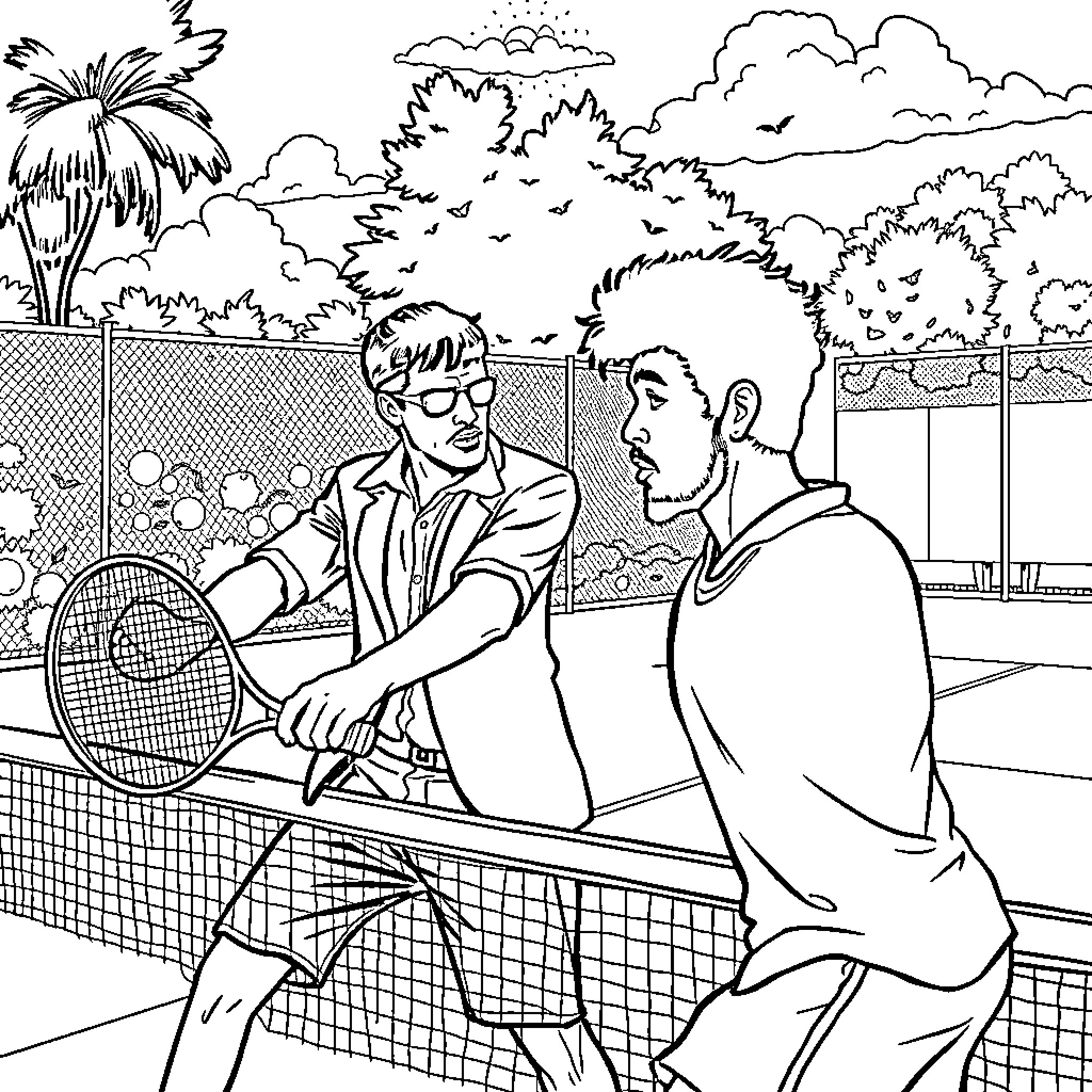 Scarface rivals compete on the tennis court Coloring Page (free black-and-white line drawing printable PDF for all, from beginners to advanced learners, including children, teens, adults, and seniors)