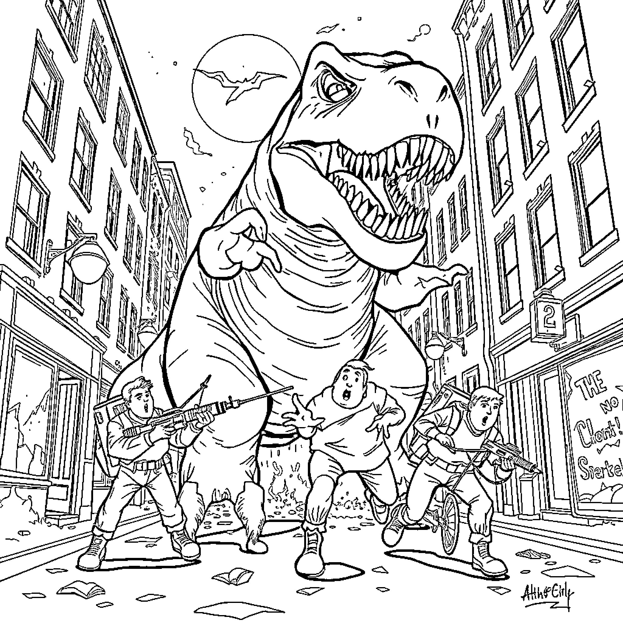 Ghost of a Tyrannosaur Roams the City Streets Coloring Page (free black-and-white line drawing printable PDF for all, from beginners to advanced learners, including children, teens, adults, and seniors)
