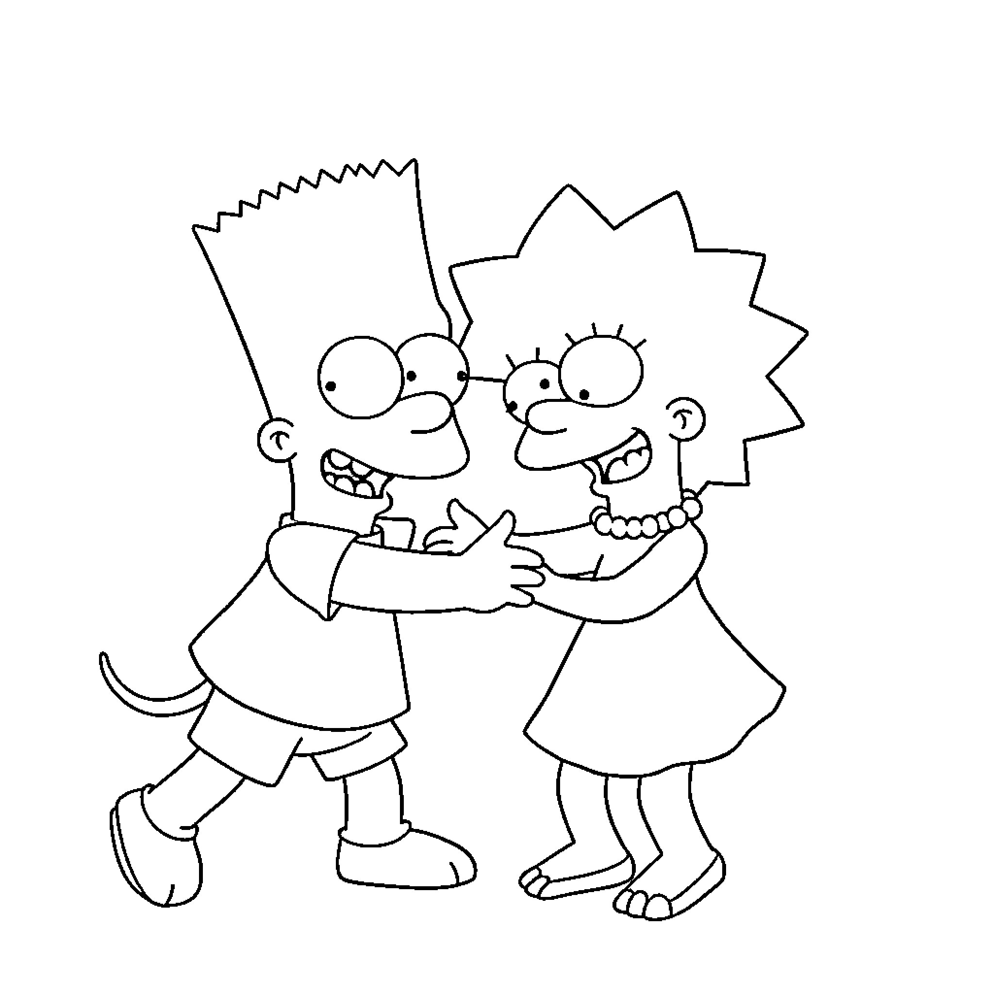 Simpson siblings embracing happily Coloring Page (free black-and-white line drawing printable PDF for all, from beginners to advanced learners, including children, teens, adults, and seniors)
