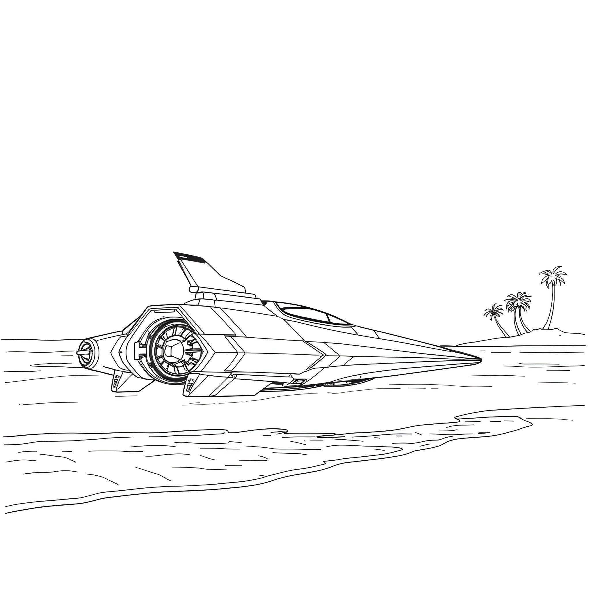 Space Ship Cruising along the Beach Coloring Page (free black-and-white line drawing printable PDF for all, from beginners to advanced learners, including children, teens, adults, and seniors)