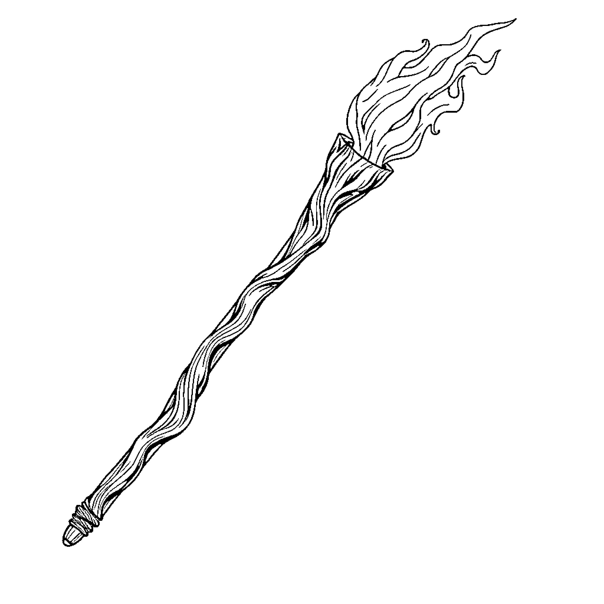 Staff with Flowing Flames Coloring Page (free black-and-white line drawing printable PDF for all, from beginners to advanced learners, including children, teens, adults, and seniors)