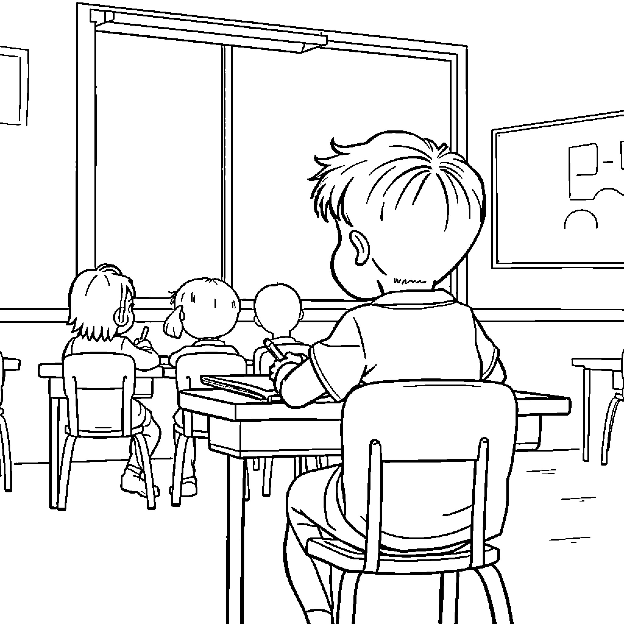 Kid learning in the classroom Coloring Page (free black-and-white line drawing printable PDF for all, from beginners to advanced learners, including children, teens, adults, and seniors)