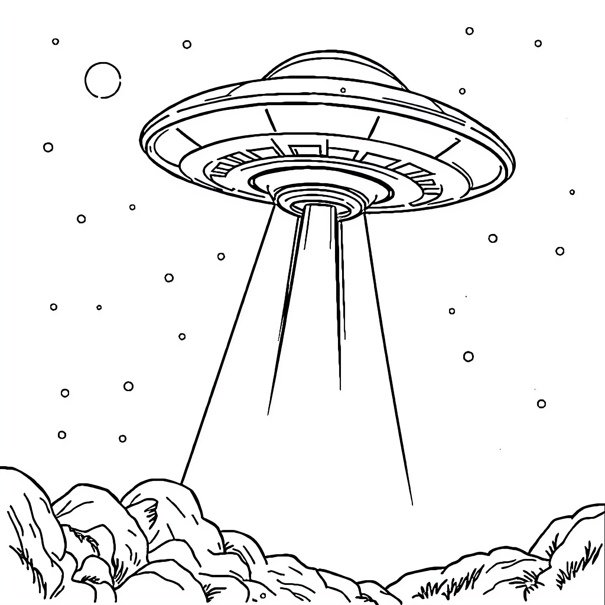 UFO hovering over a rural landscape Coloring Page (free black-and-white line drawing printable PDF for all, from beginners to advanced learners, including children, teens, adults, and seniors)