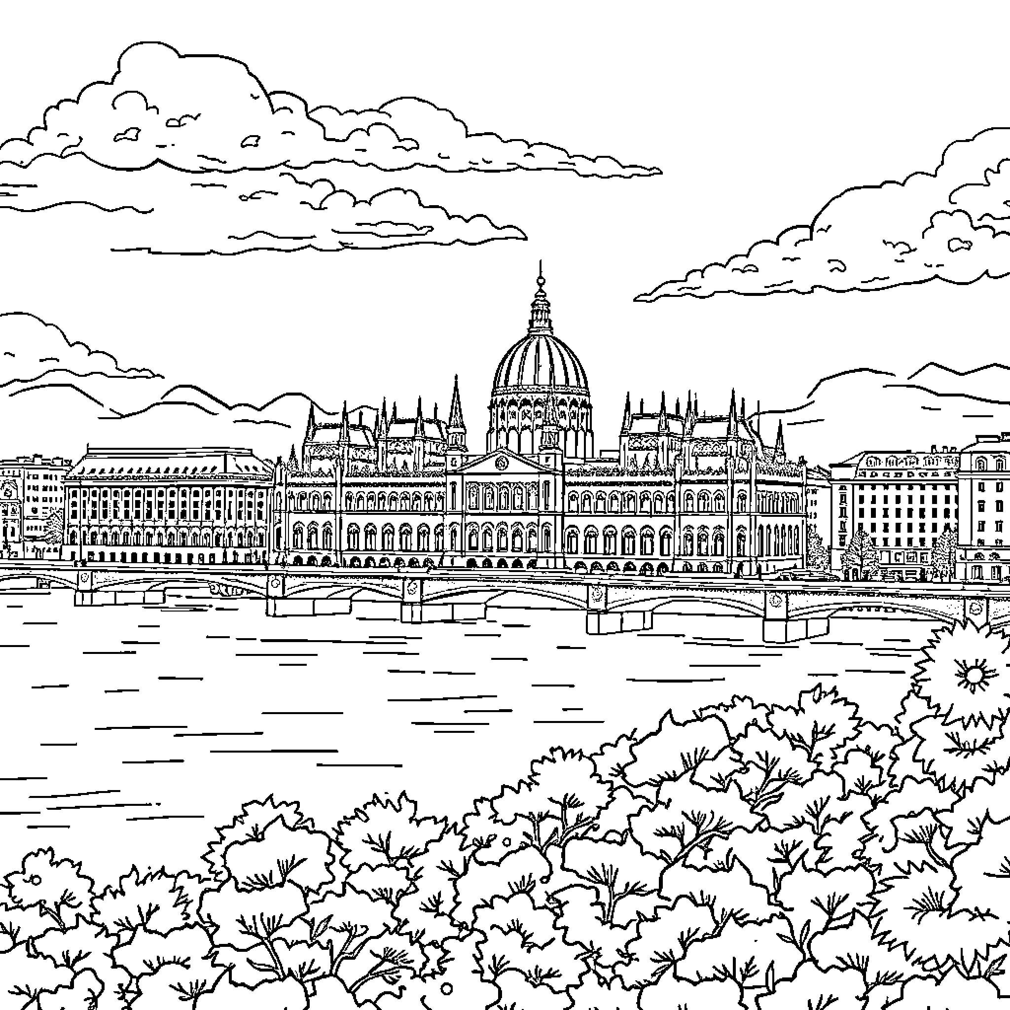 Budapest cityscape with iconic landmarks and scenic river view Coloring Page (free black-and-white line drawing printable PDF for all, from beginners to advanced learners, including children, teens, adults, and seniors)