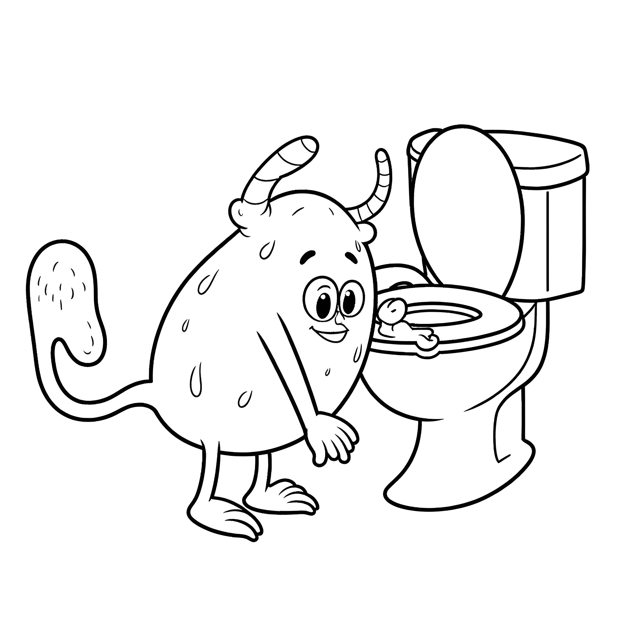 Monster struggles with plumbing issues in the bathroom Coloring Page (free black-and-white line drawing printable PDF for all, from beginners to advanced learners, including children, teens, adults, and seniors)