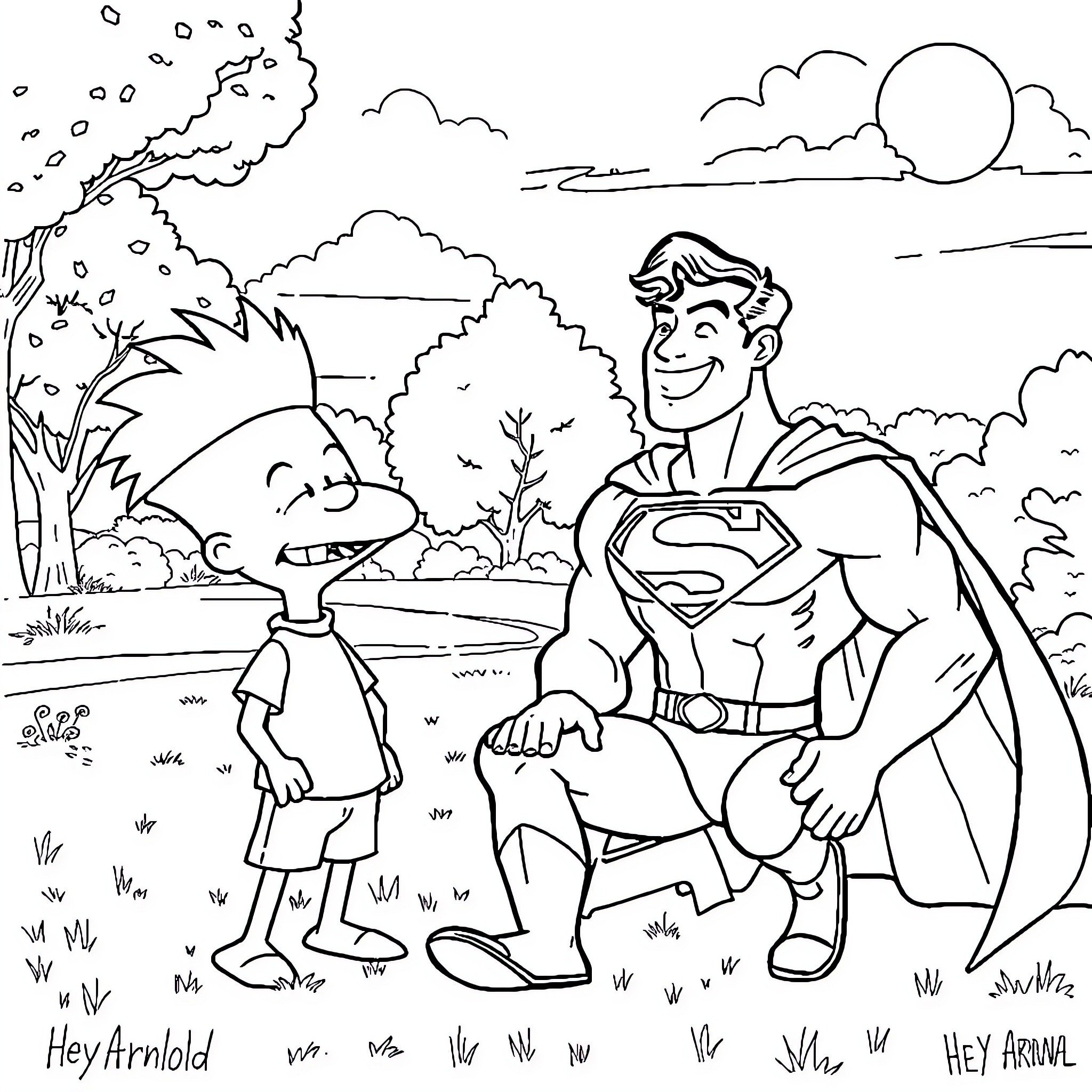 Superman helps a young boy in the park Coloring Page (free black-and-white line drawing printable PDF for all, from beginners to advanced learners, including children, teens, adults, and seniors)