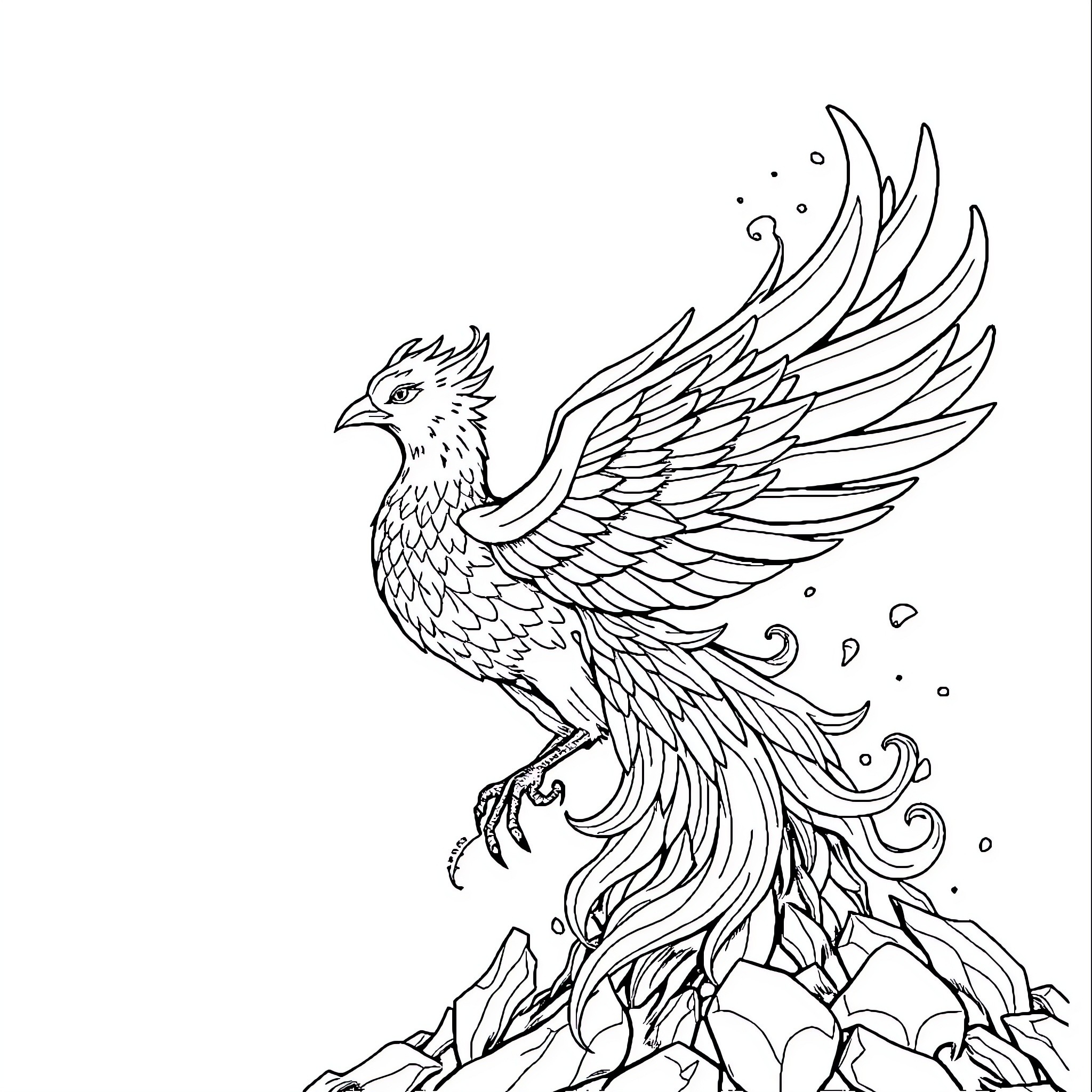 Fenix: Majestic bird rising from the flames Coloring Page (free black-and-white line drawing printable PDF for all, from beginners to advanced learners, including children, teens, adults, and seniors)