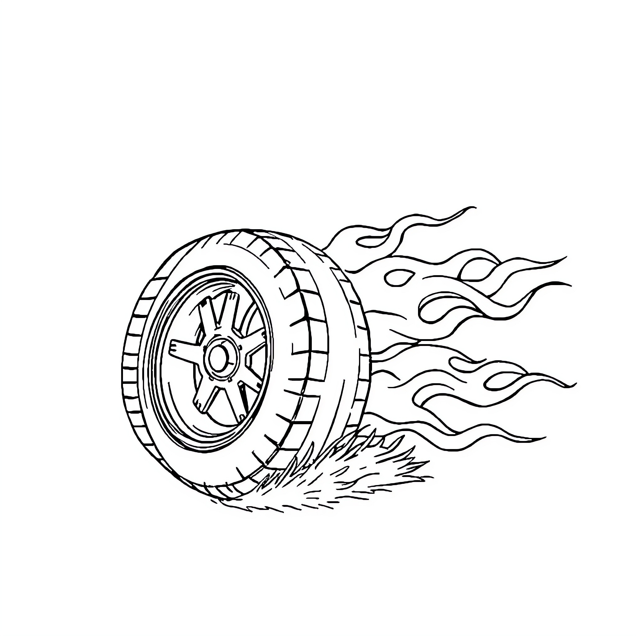 Tire racing with flames Coloring Page (free black-and-white line drawing printable PDF for all, from beginners to advanced learners, including children, teens, adults, and seniors)