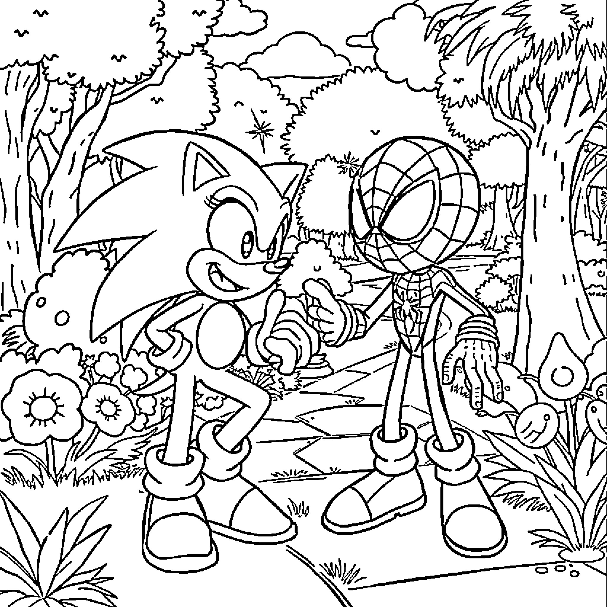 Sonic and Spider-Man exploring the forest Coloring Page (free black-and-white line drawing printable PDF for all, from beginners to advanced learners, including children, teens, adults, and seniors)
