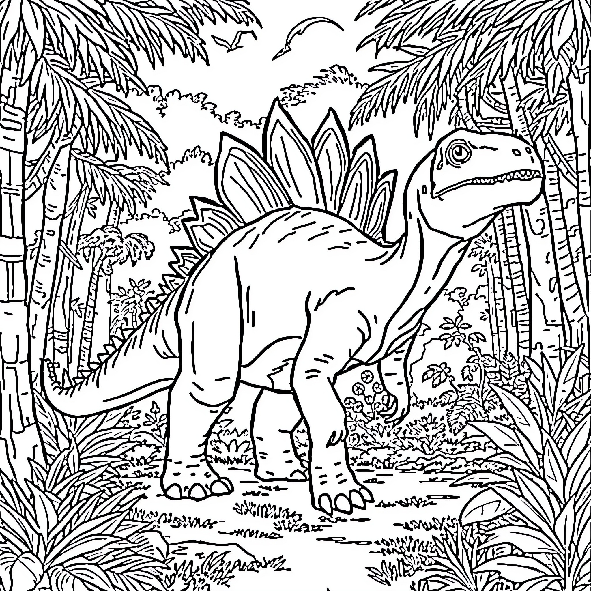 Stegosaurus exploring the lush prehistoric landscape Coloring Page (free black-and-white line drawing printable PDF for all, from beginners to advanced learners, including children, teens, adults, and seniors)