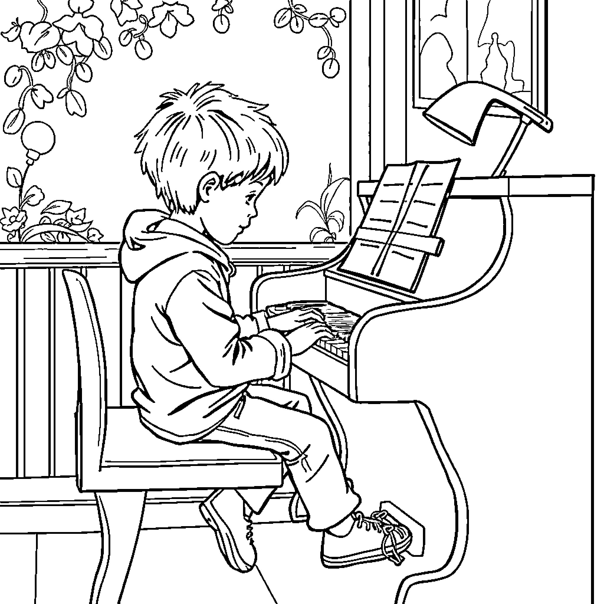 Niño playing piano near window Coloring Page (free black-and-white line drawing printable PDF for all, from beginners to advanced learners, including children, teens, adults, and seniors)
