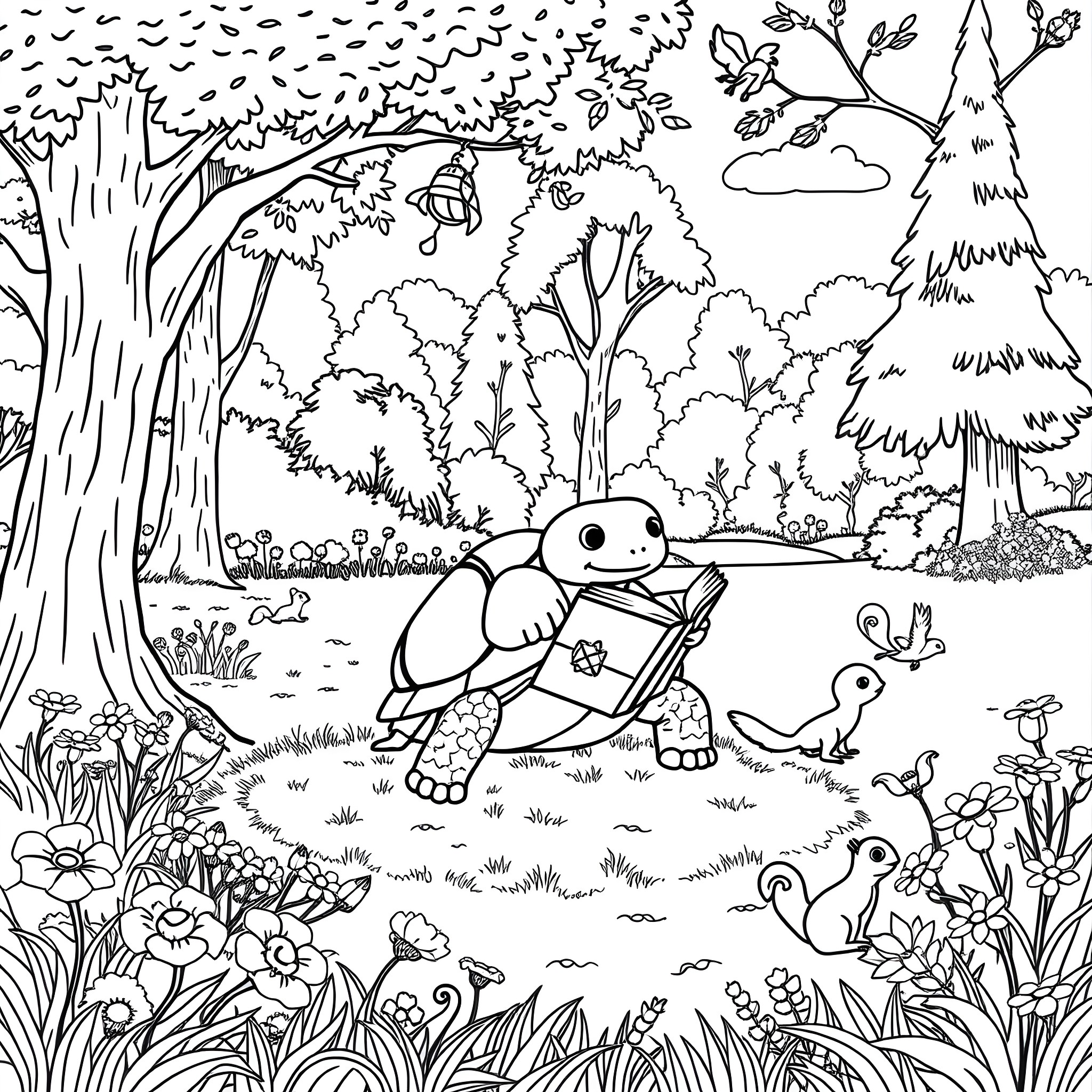 Tortoise reading a book in a peaceful forest Coloring Page (free black-and-white line drawing printable PDF for all, from beginners to advanced learners, including children, teens, adults, and seniors)