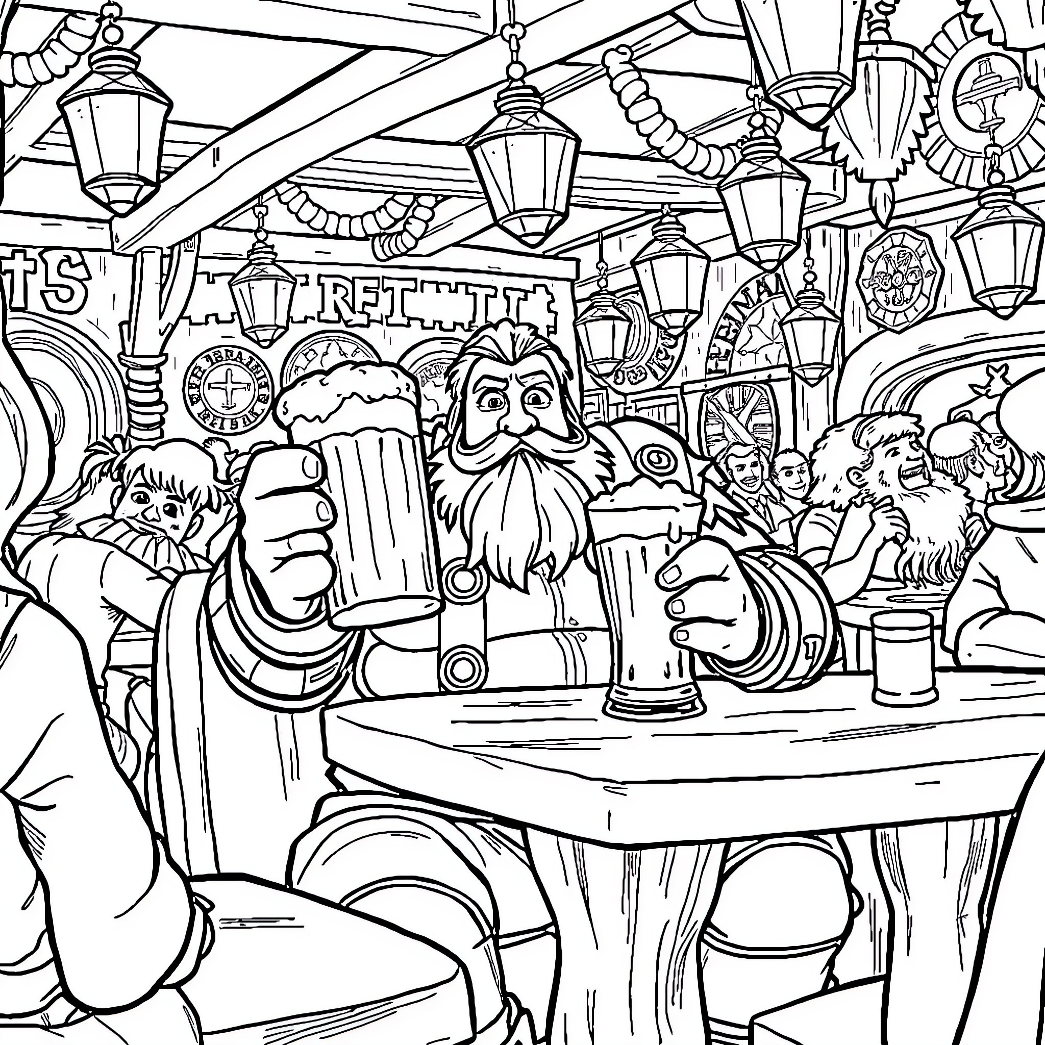 Reinhard's Fantastic Pub Adventure Coloring Page (free black-and-white line drawing printable PDF for all, from beginners to advanced learners, including children, teens, adults, and seniors)