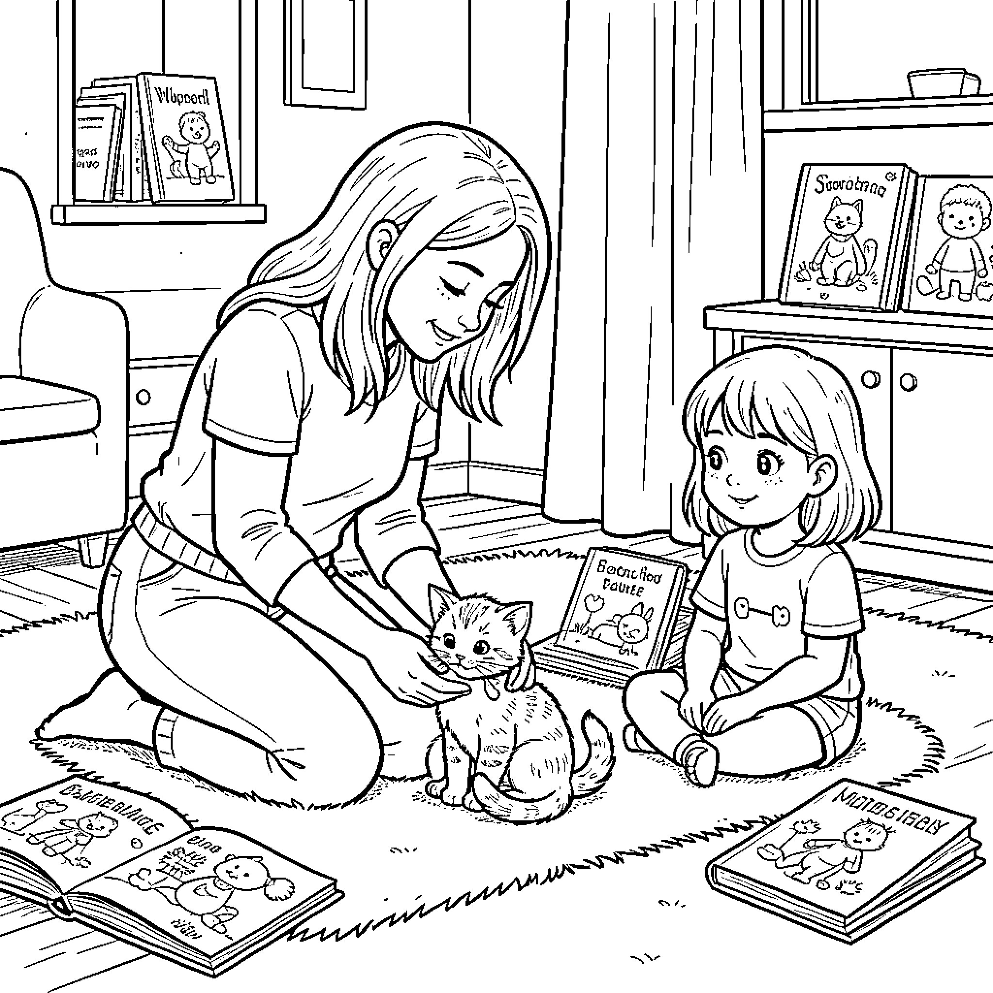 Kitten cuddles and story time with children Coloring Page (free black-and-white line drawing printable PDF for all, from beginners to advanced learners, including children, teens, adults, and seniors)