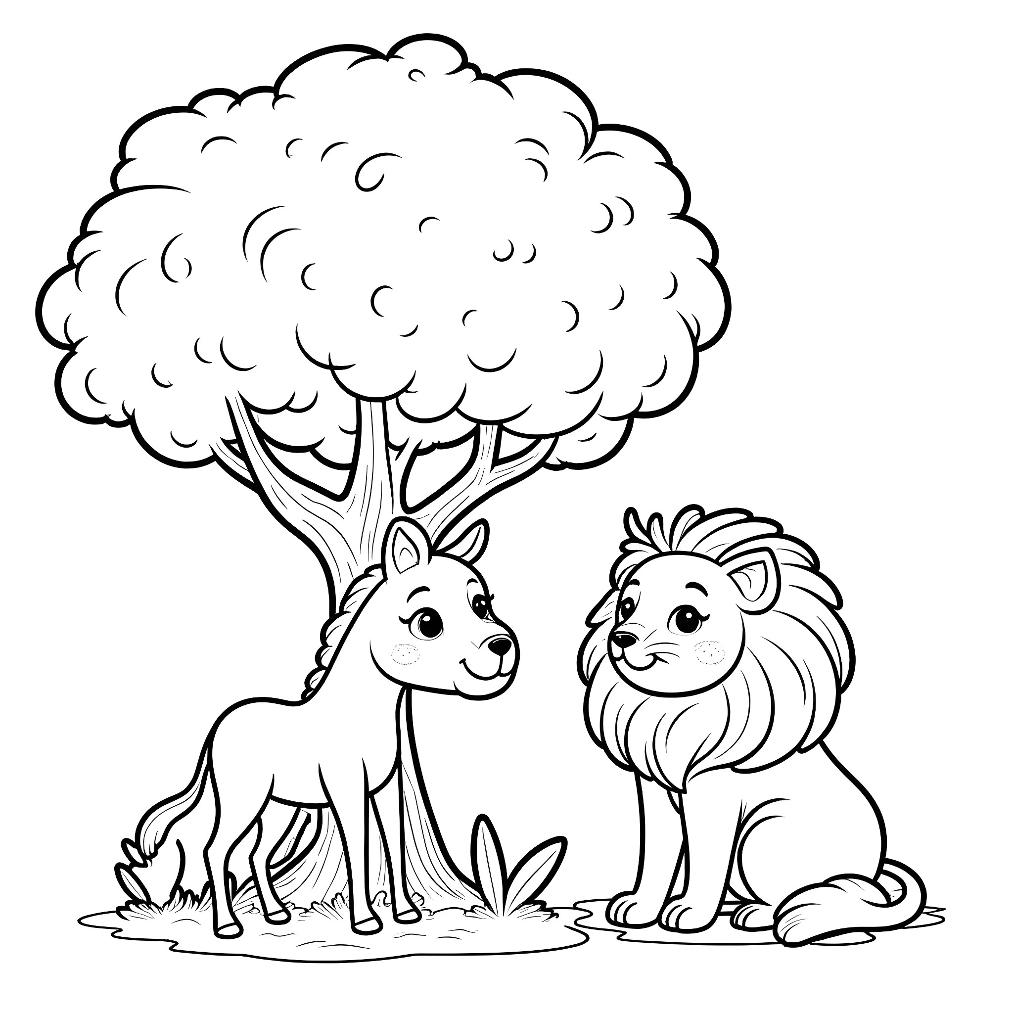 Cat and Lion under a Leafy Tree Coloring Page (free black-and-white line drawing printable PDF for all, from beginners to advanced learners, including children, teens, adults, and seniors)