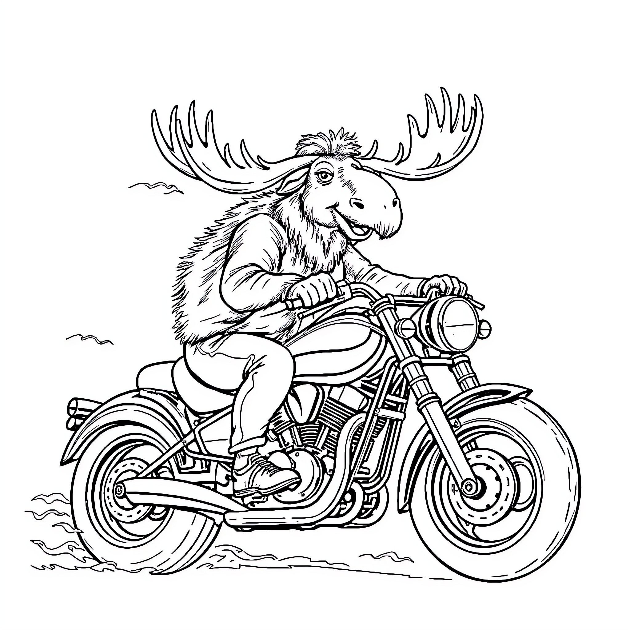 Moose riding a motorcycle on the open road Coloring Page (free black-and-white line drawing printable PDF for all, from beginners to advanced learners, including children, teens, adults, and seniors)