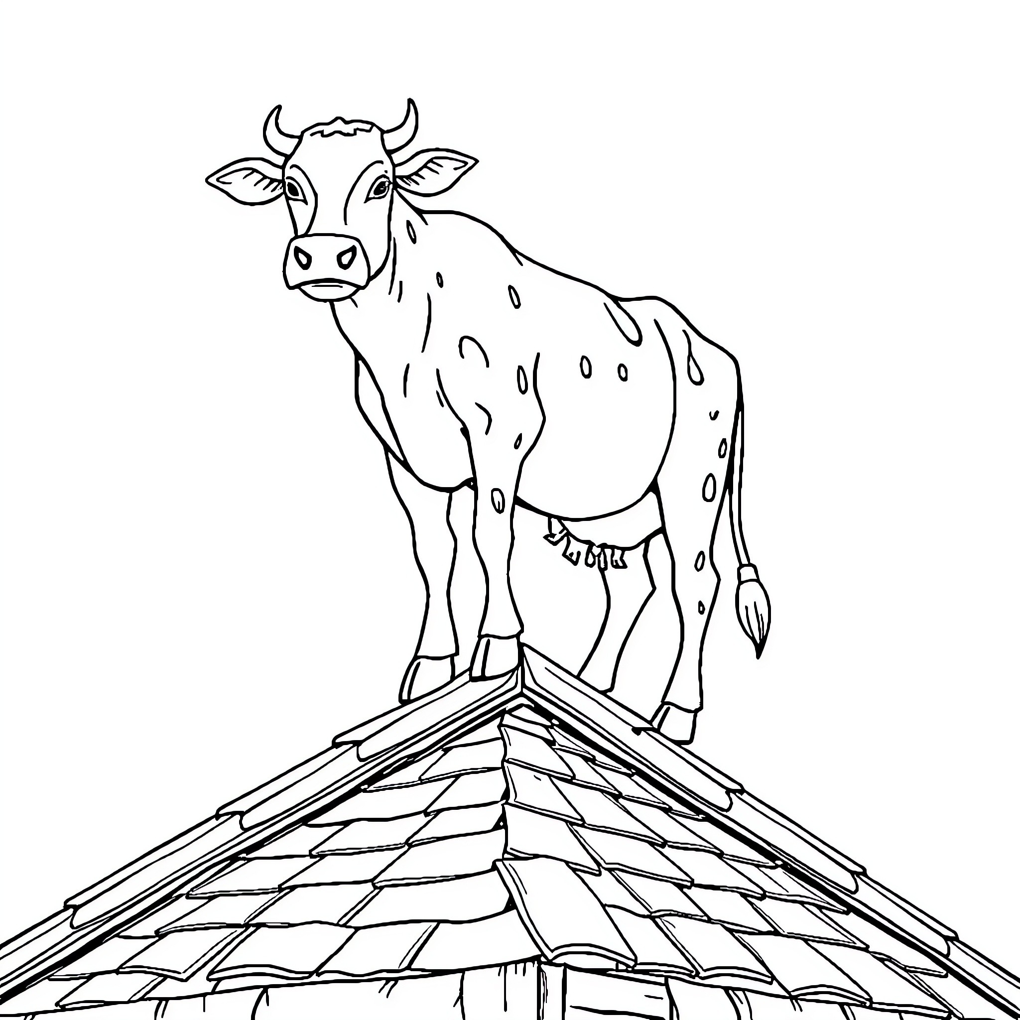 Cow standing proudly on a thatched roof Coloring Page (free black-and-white line drawing printable PDF for all, from beginners to advanced learners, including children, teens, adults, and seniors)