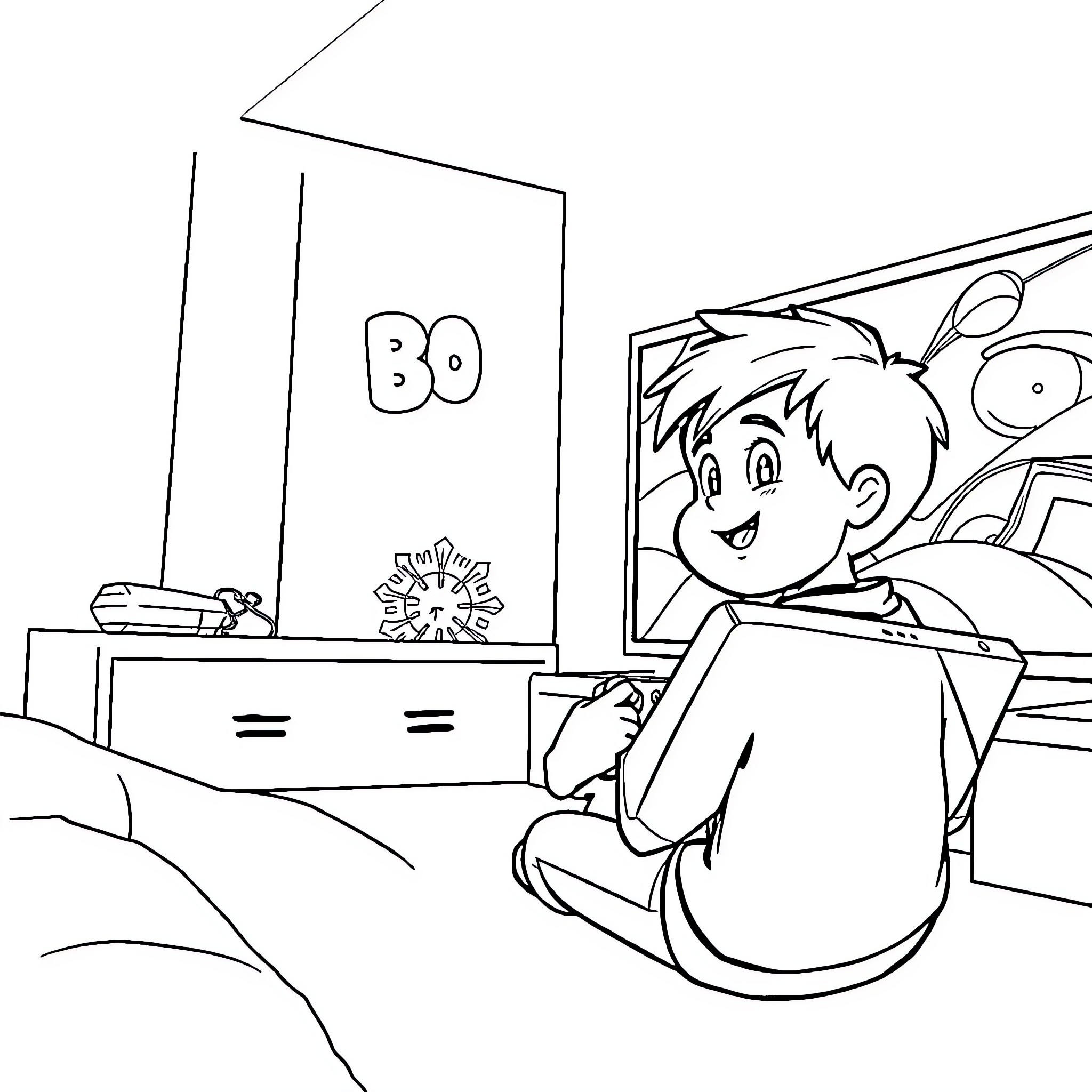 Child playing video games at home Coloring Page (free black-and-white line drawing printable PDF for all, from beginners to advanced learners, including children, teens, adults, and seniors)