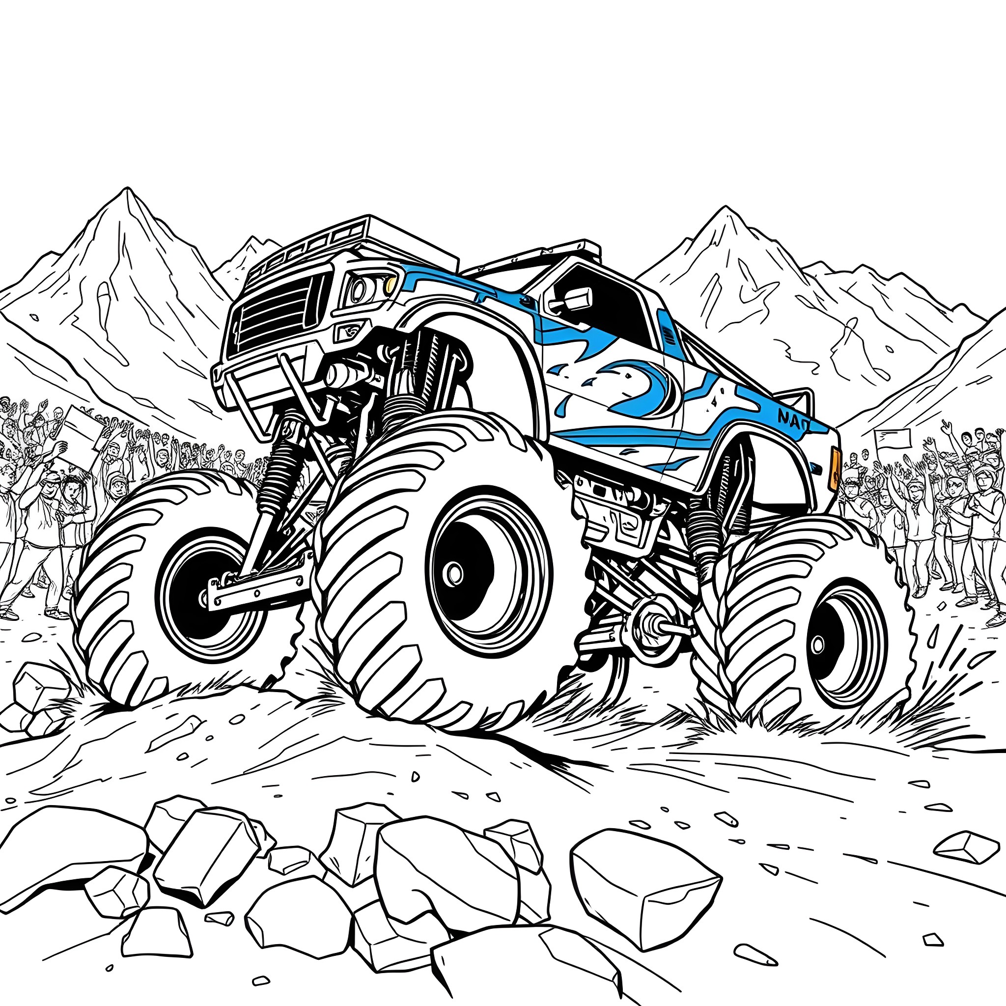 Raptor Monster Truck Crushing Rocks in the Mountains Coloring Page (free black-and-white line drawing printable PDF for all, from beginners to advanced learners, including children, teens, adults, and seniors)