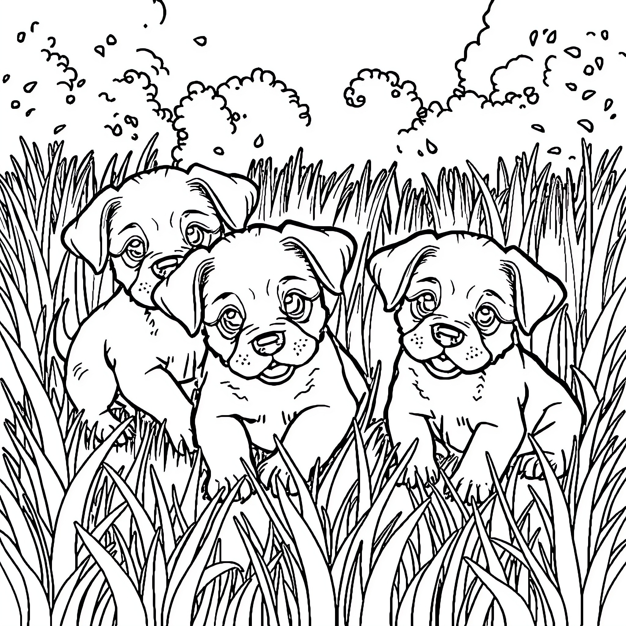 Puppies playing in the tall grass Coloring Page (free black-and-white line drawing printable PDF for all, from beginners to advanced learners, including children, teens, adults, and seniors)