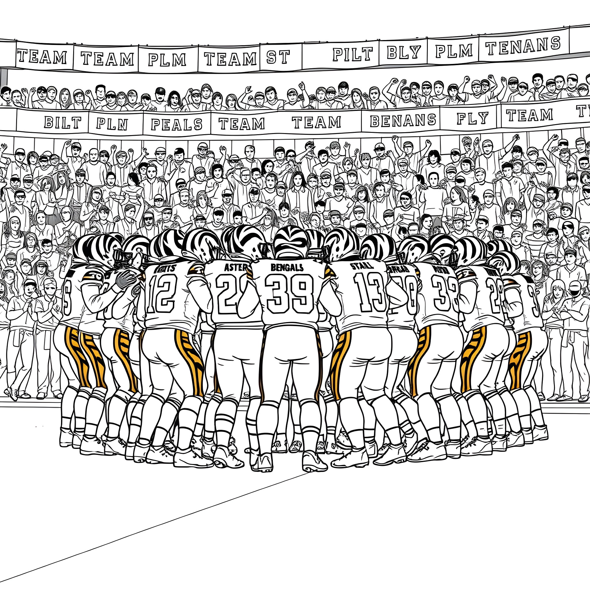 Bengals football team in unity and action Coloring Page (free black-and-white line drawing printable PDF for all, from beginners to advanced learners, including children, teens, adults, and seniors)