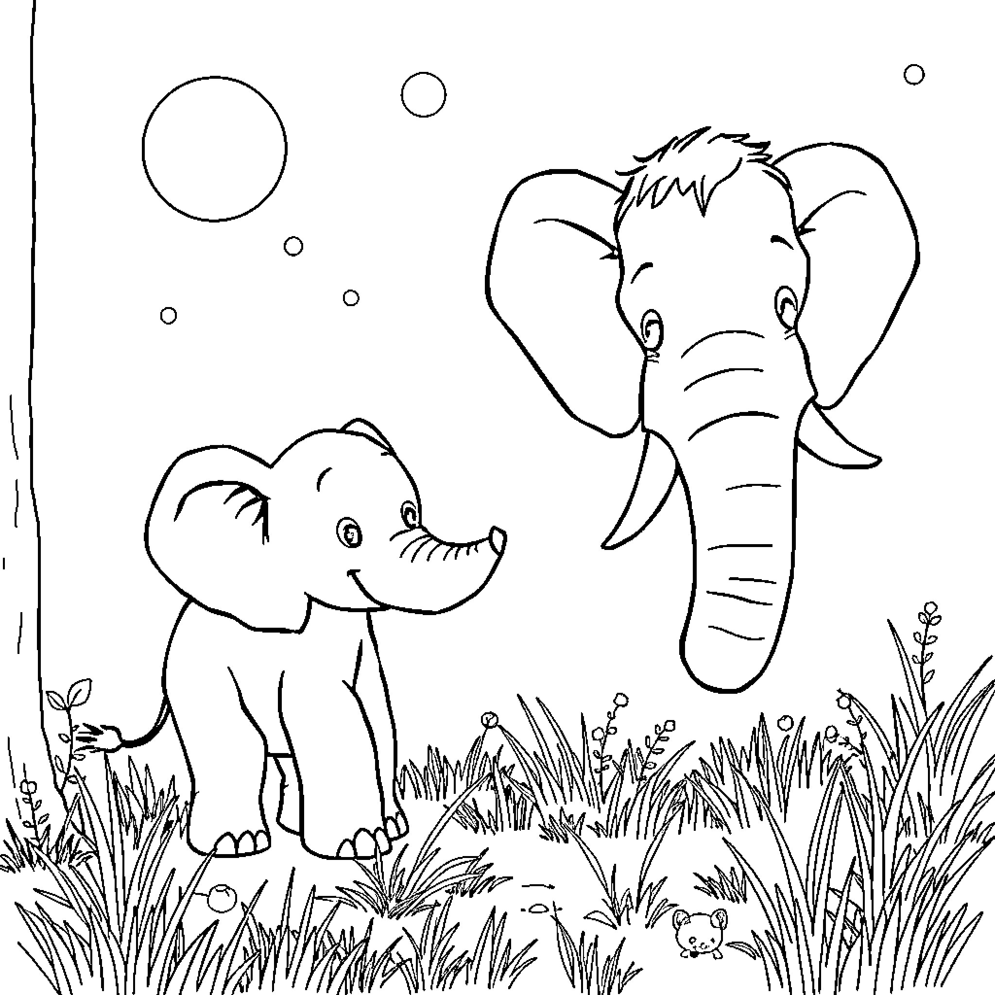 Duck and Elephant playing in the meadow Coloring Page (free black-and-white line drawing printable PDF for all, from beginners to advanced learners, including children, teens, adults, and seniors)