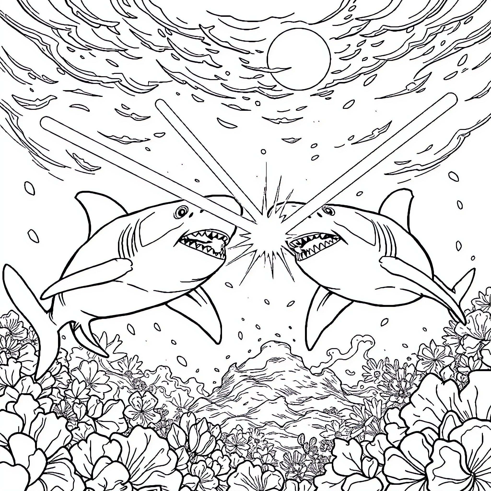 Shark attack in the deep sea Coloring Page (free black-and-white line drawing printable PDF for all, from beginners to advanced learners, including children, teens, adults, and seniors)
