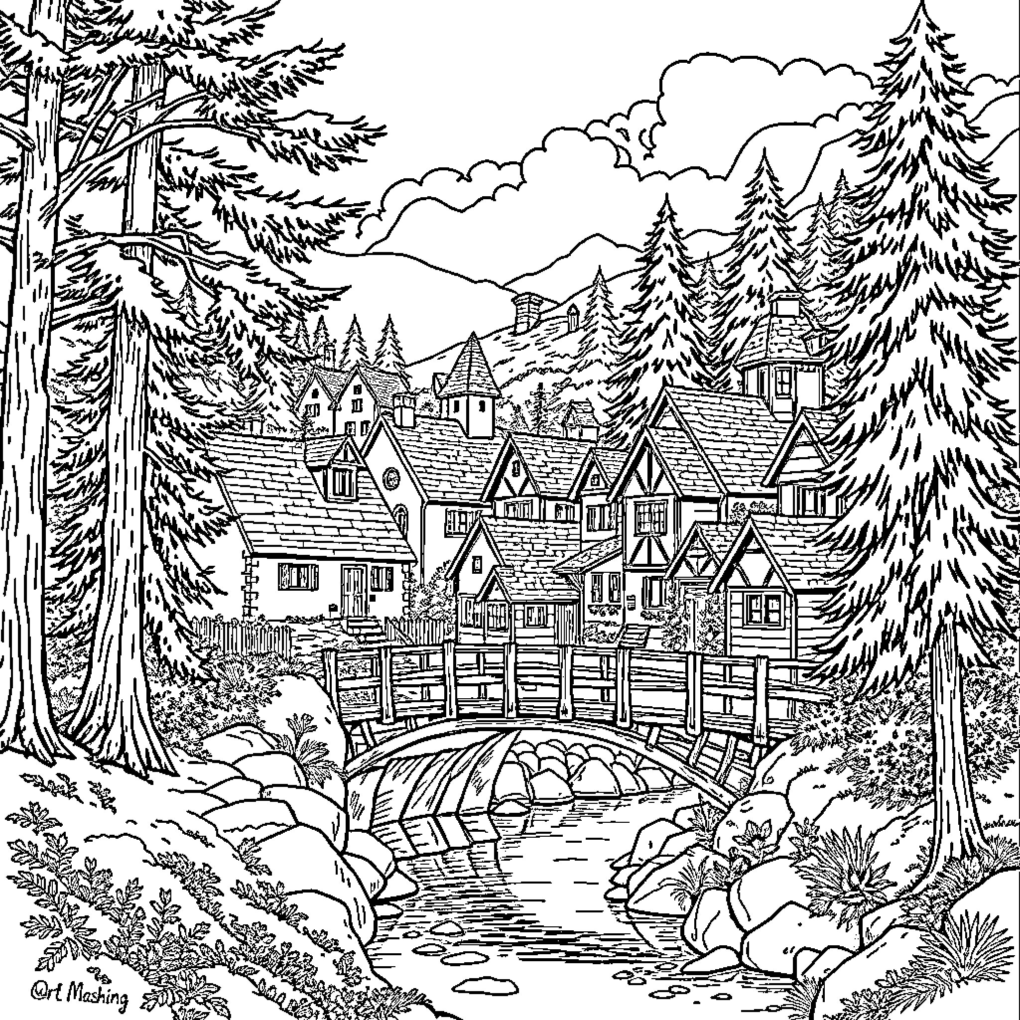House with scenic mountain landscape Coloring Page (free black-and-white line drawing printable PDF for all, from beginners to advanced learners, including children, teens, adults, and seniors)