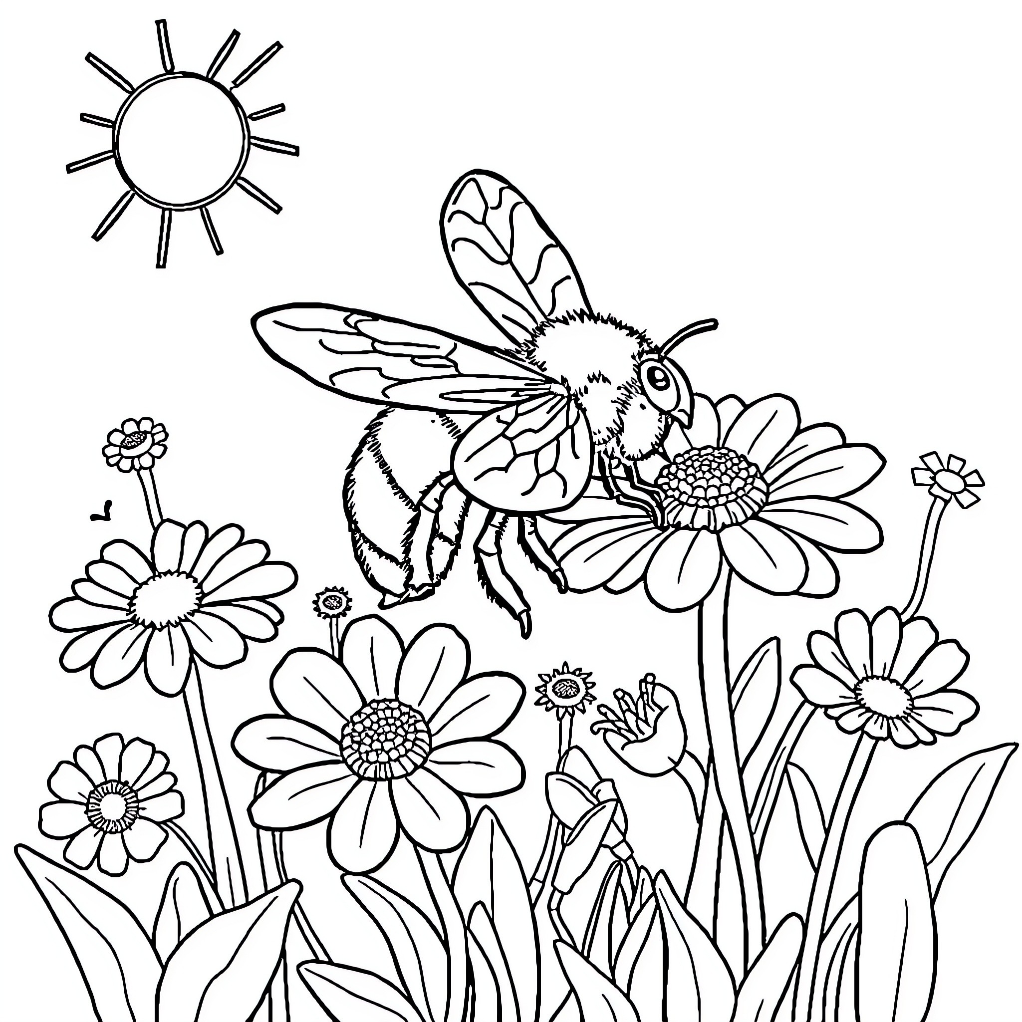 Bee exploring the vibrant floral garden Coloring Page (free black-and-white line drawing printable PDF for all, from beginners to advanced learners, including children, teens, adults, and seniors)