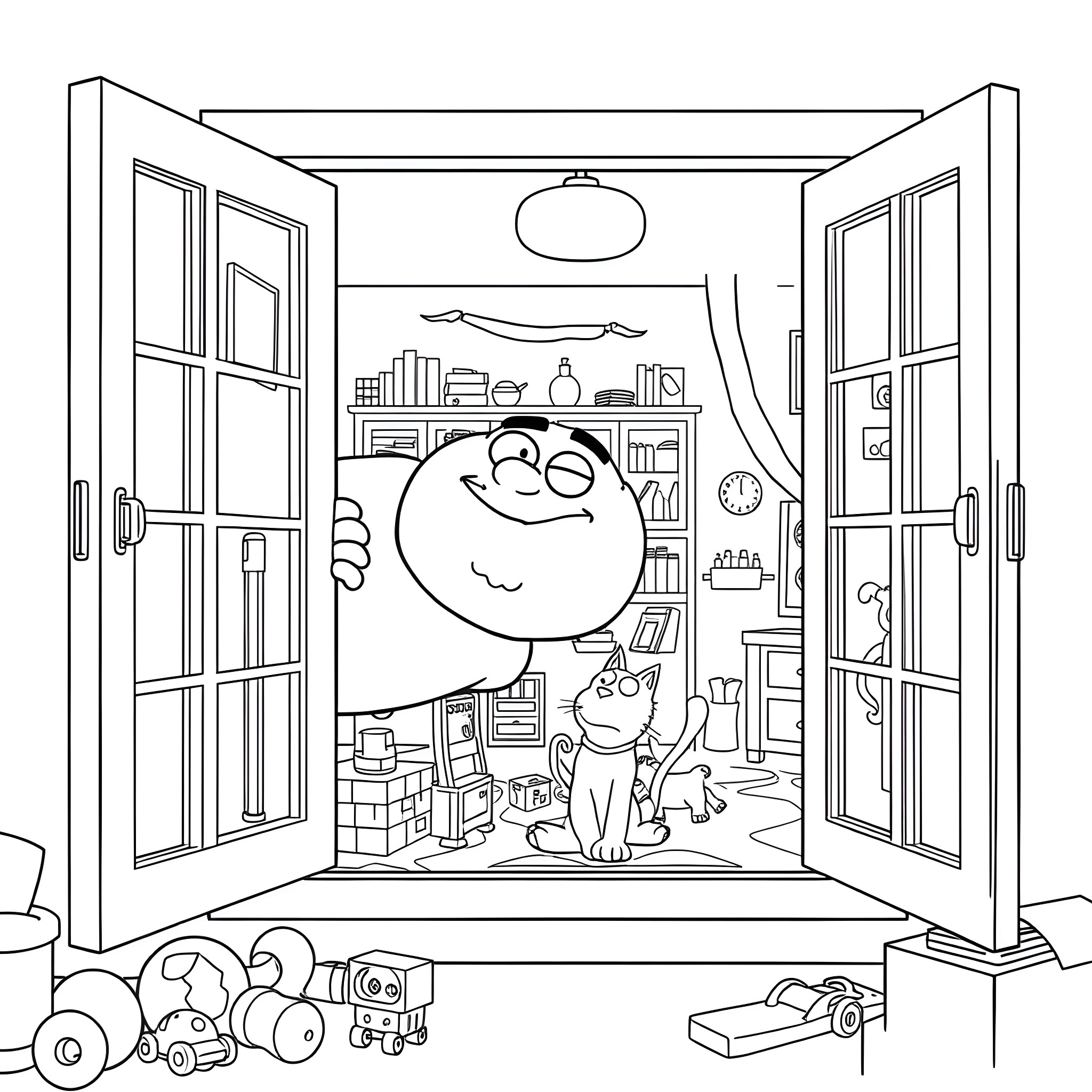 Peter Griffin's Messy Room with Toys and Clutter Coloring Page (free black-and-white line drawing printable PDF for all, from beginners to advanced learners, including children, teens, adults, and seniors)