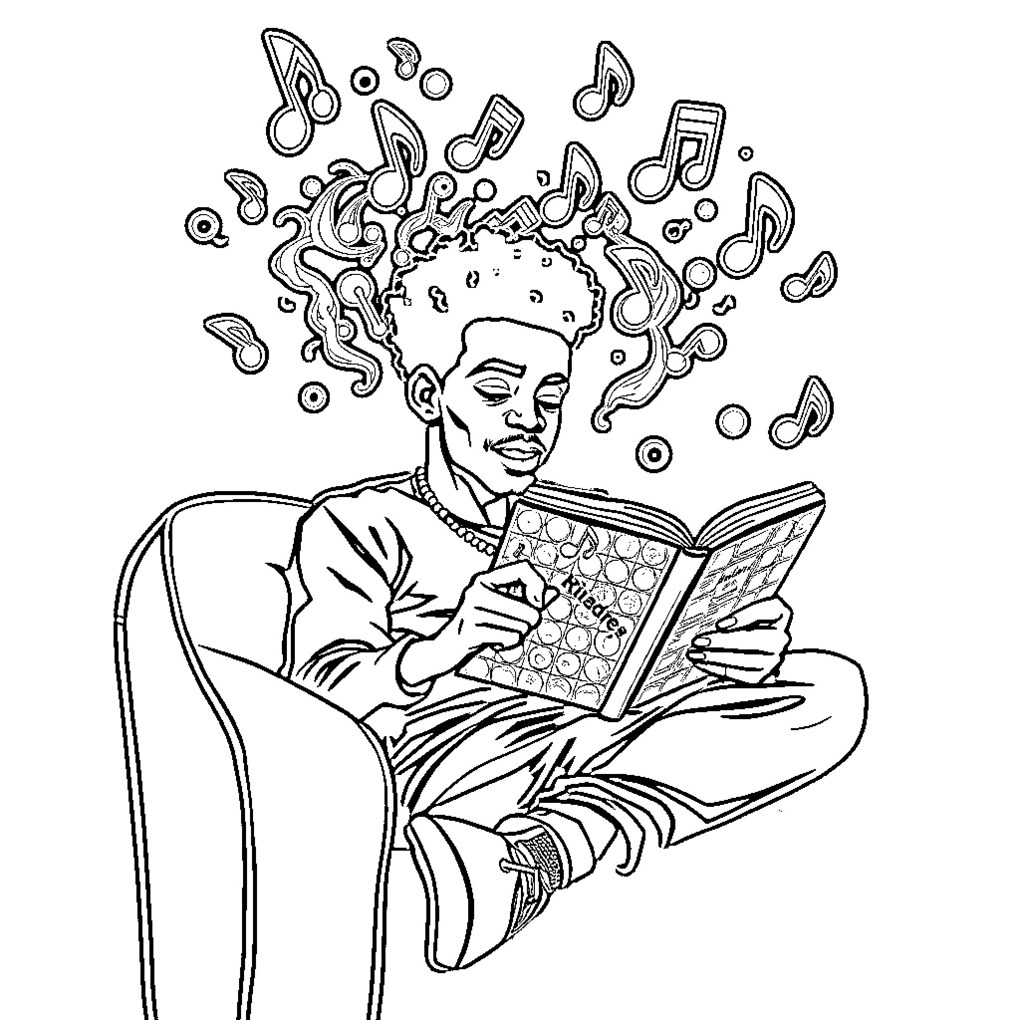Andre3000 reading a book surrounded by music notes Coloring Page (free black-and-white line drawing printable PDF for all, from beginners to advanced learners, including children, teens, adults, and seniors)