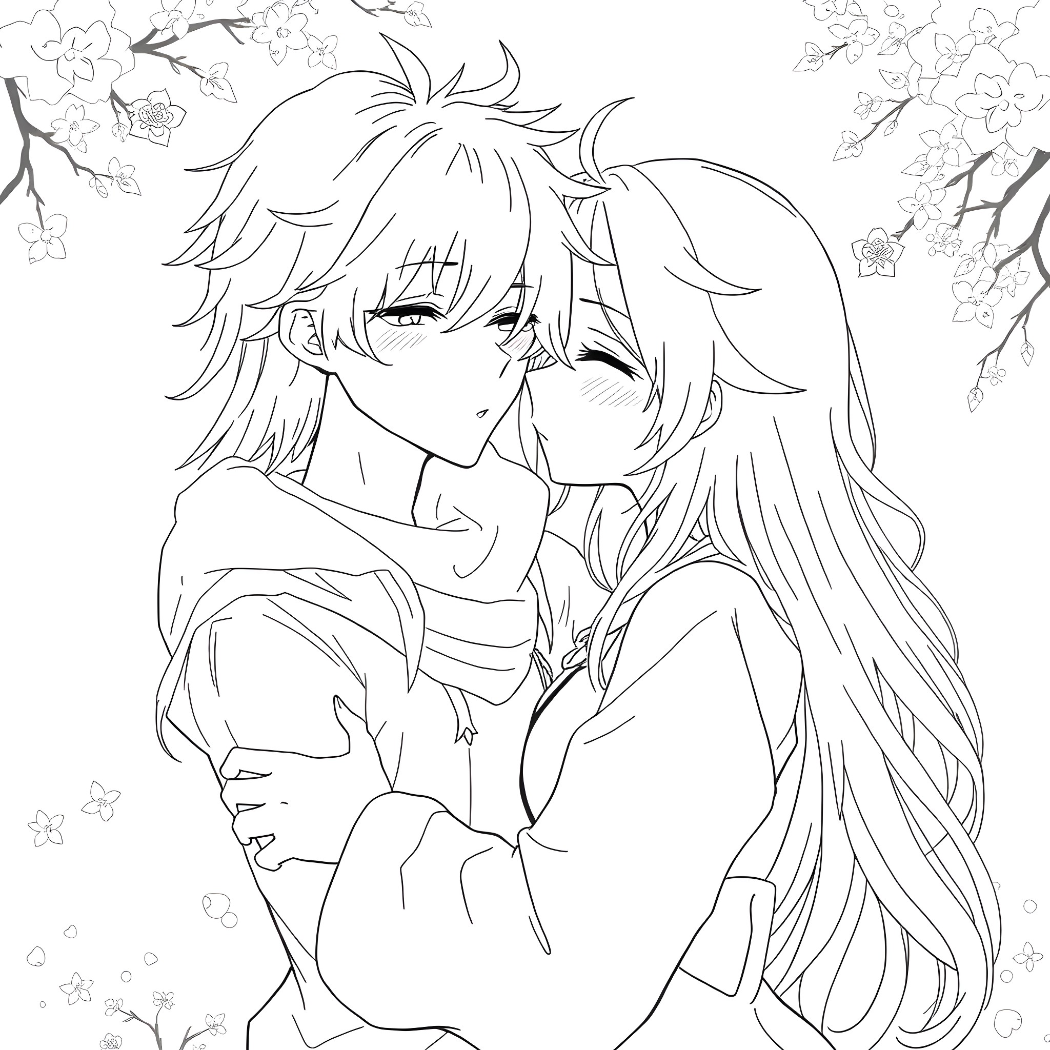 Anime Men Sharing Intimate Moment in Floral Setting Coloring Page (free black-and-white line drawing printable PDF for all, from beginners to advanced learners, including children, teens, adults, and seniors)