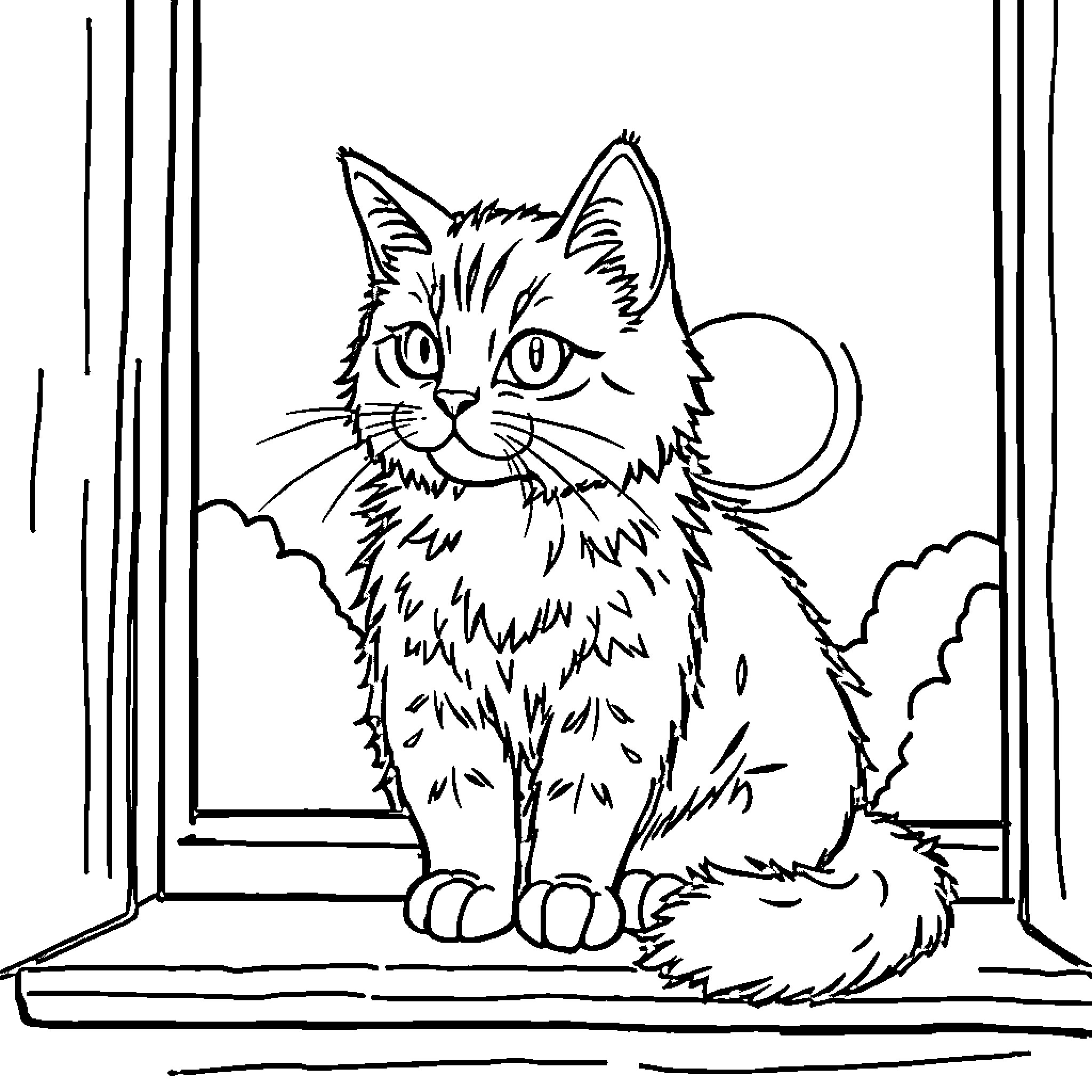 Cat gazing out the window Coloring Page (free black-and-white line drawing printable PDF for all, from beginners to advanced learners, including children, teens, adults, and seniors)