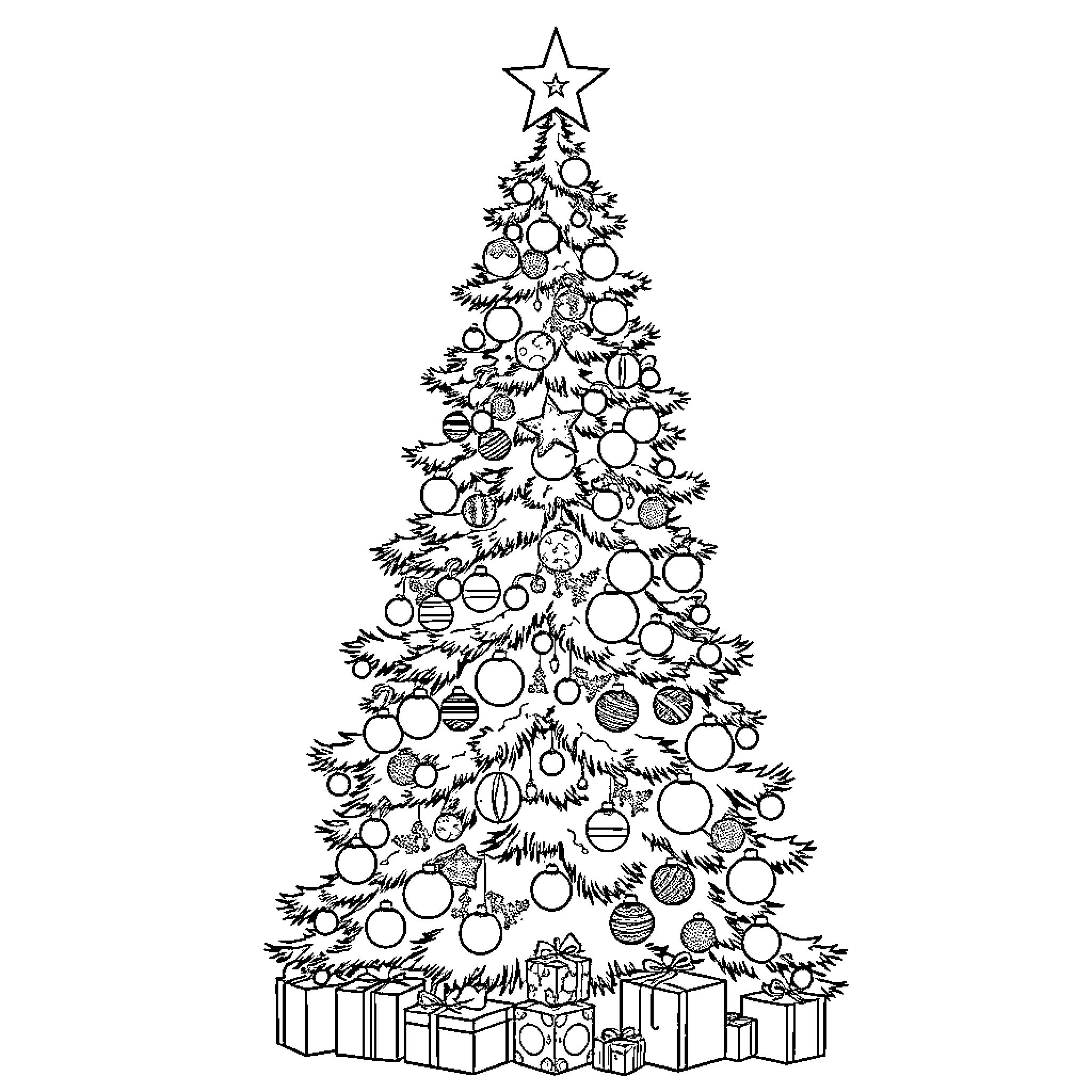 Christmas Tree with Ornaments and Presents Coloring Page (free black-and-white line drawing printable PDF for all, from beginners to advanced learners, including children, teens, adults, and seniors)